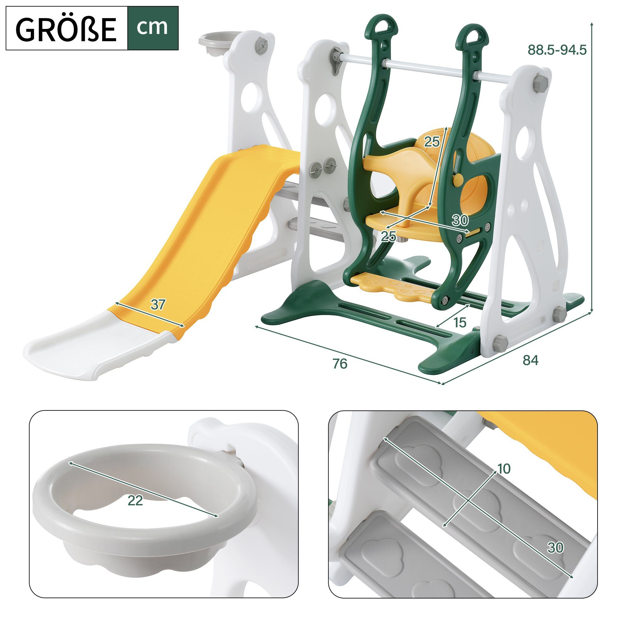 Merax Rutsche inkl. Rutsche, Schaukel, Treppe und Basketballkorb, 4-in-1 Kinderrutsche Indoor und Outdoor, Spielplatz