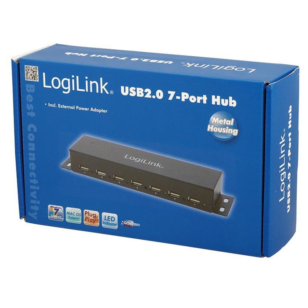LogiLink UA0148 USB 2.0 Hub USB-Adapter, mit 7-Ports, montierbar, aus Metall, mit LED Anzeige