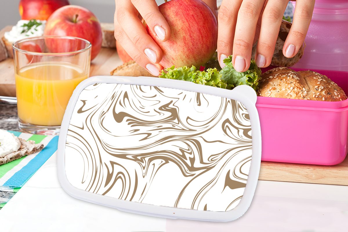 Mädchen, Erwachsene, Kunststoff Kinder, MuchoWow Brotbox (2-tlg), Kunststoff, Snackbox, - Weiß, Lunchbox - Brotdose Beige für rosa Marmor
