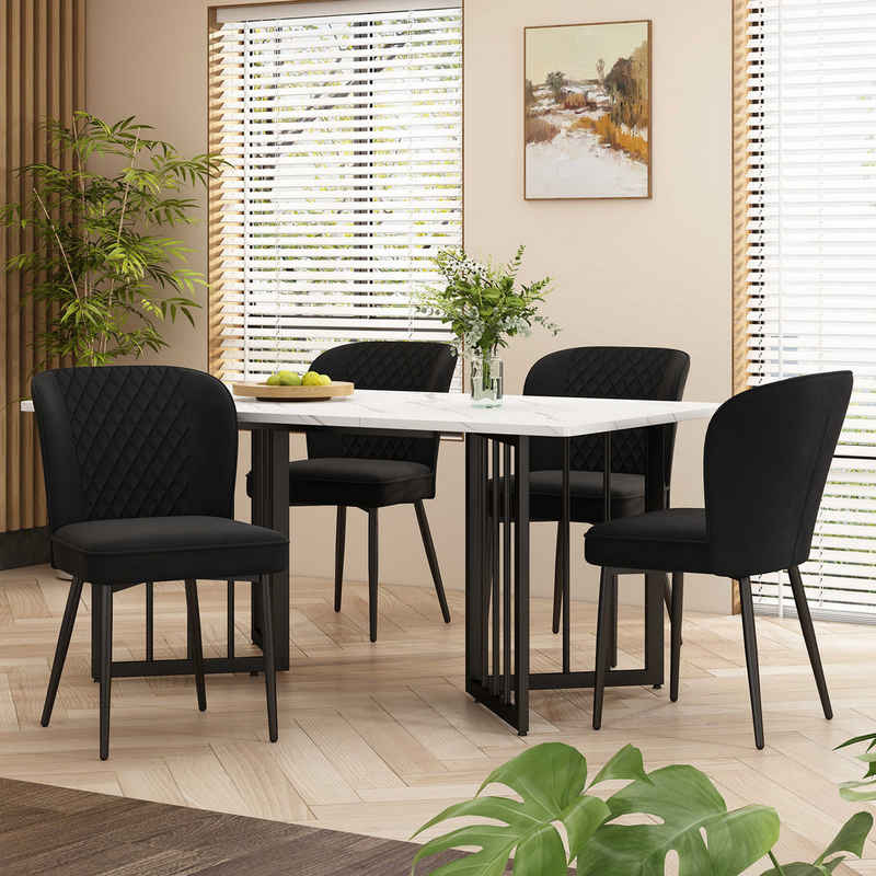 BlingBin Essgruppe Schwarz Samt Esszimmerstühle, (Set, 5-tlg., 140×80×75cm Esstisch mit 4 Stühlen), MDF Tischplatte in Weißer, V-förmig Schwarz Tischbeine