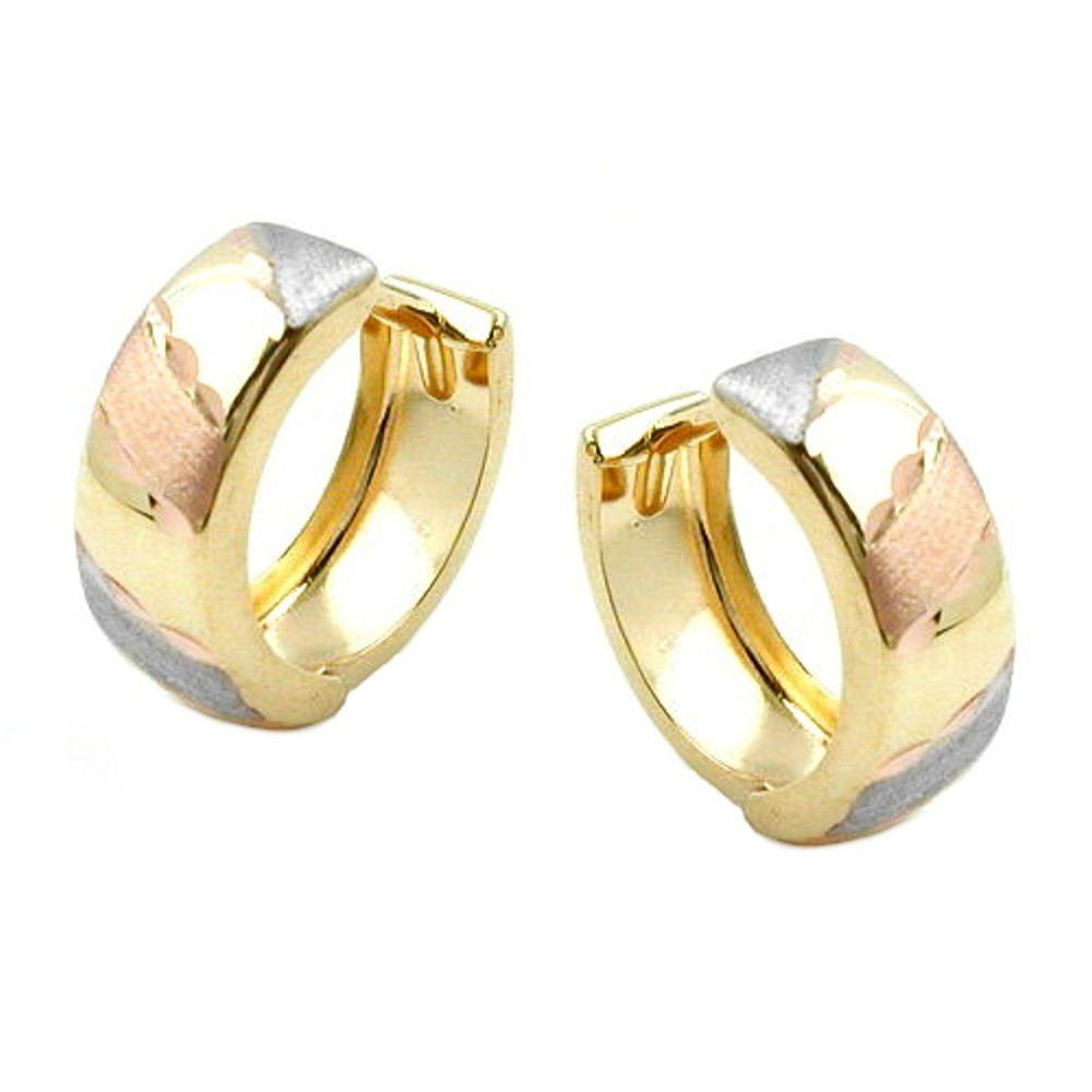 Damen Schmuck unbespielt Paar Creolen Ohrringe Creolen 12 x 5 mm diamantiert Tricolor-Optik Klappscharnier 9 Karat 375 Gold inkl