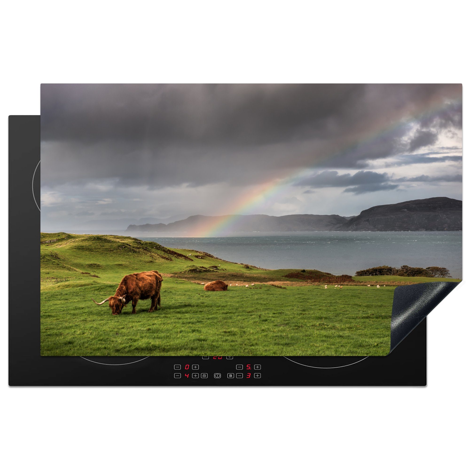 MuchoWow Herdblende-/Abdeckplatte Schottische Highlander - Gras - Wolken, Vinyl, (1 tlg), 81x52 cm, Induktionskochfeld Schutz für die küche, Ceranfeldabdeckung