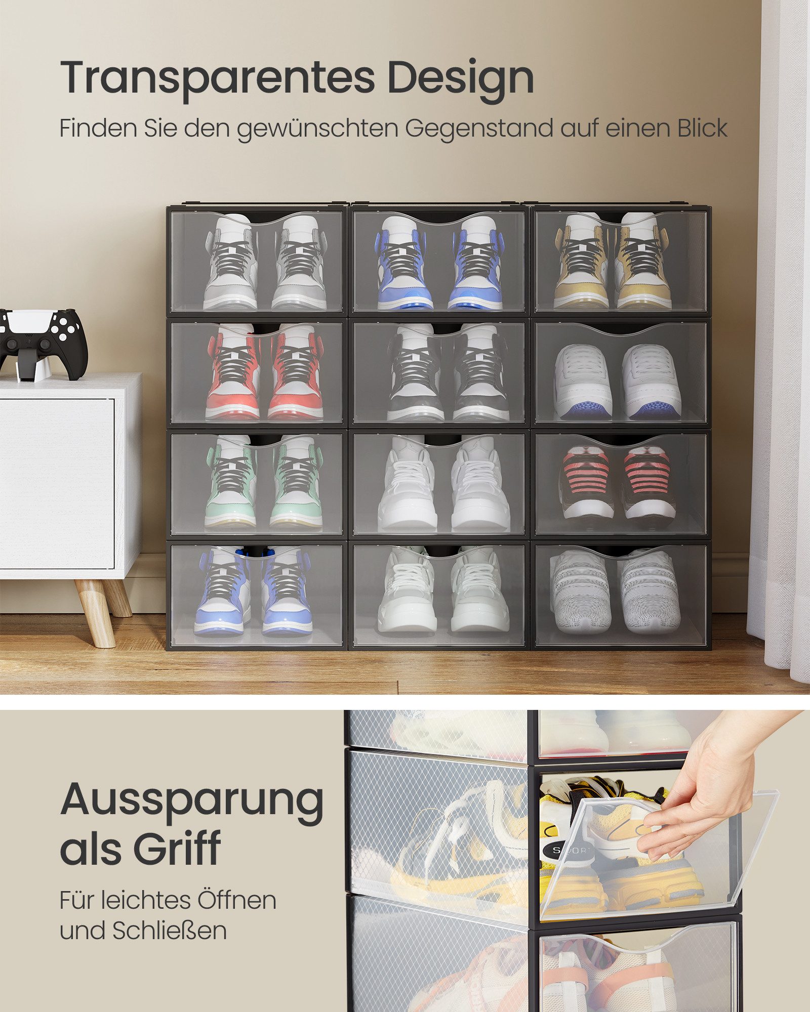 SONGMICS Schuhbox Schuh-Organizer aus Kunststoff, mit Tür, durchsichtig, stapelbar (12 St), einfache Montage, 33,2x23x14,5 cm, 12er Set, für Schuhe bis Größe 43 – Bild 4 von 5