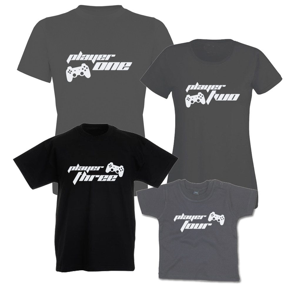 G-graphics T-Shirt Player 1, 2, 3 & 4 (Familienset, Einzelteile zum selbst zusammenstellen) Kinder- & Erwachsenen-T-Shirt-Set mit Frontprint