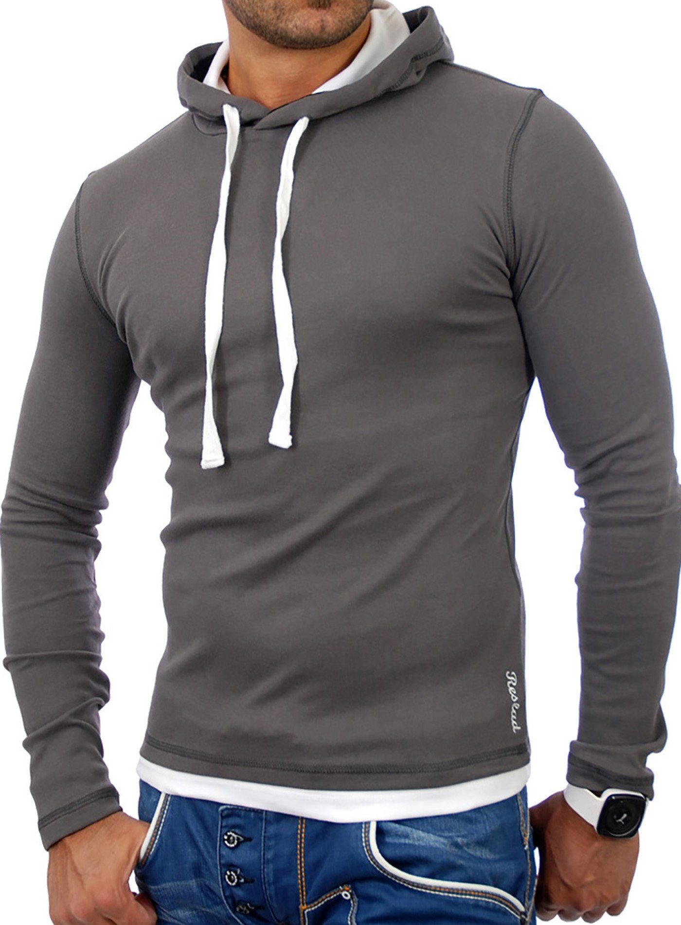Reslad Sweatshirt Reslad Herren Kapuzen Sweatshirt RS-1003 (1-tlg) Kapuzensweatshirt Layer-Look anthrazit-weiß