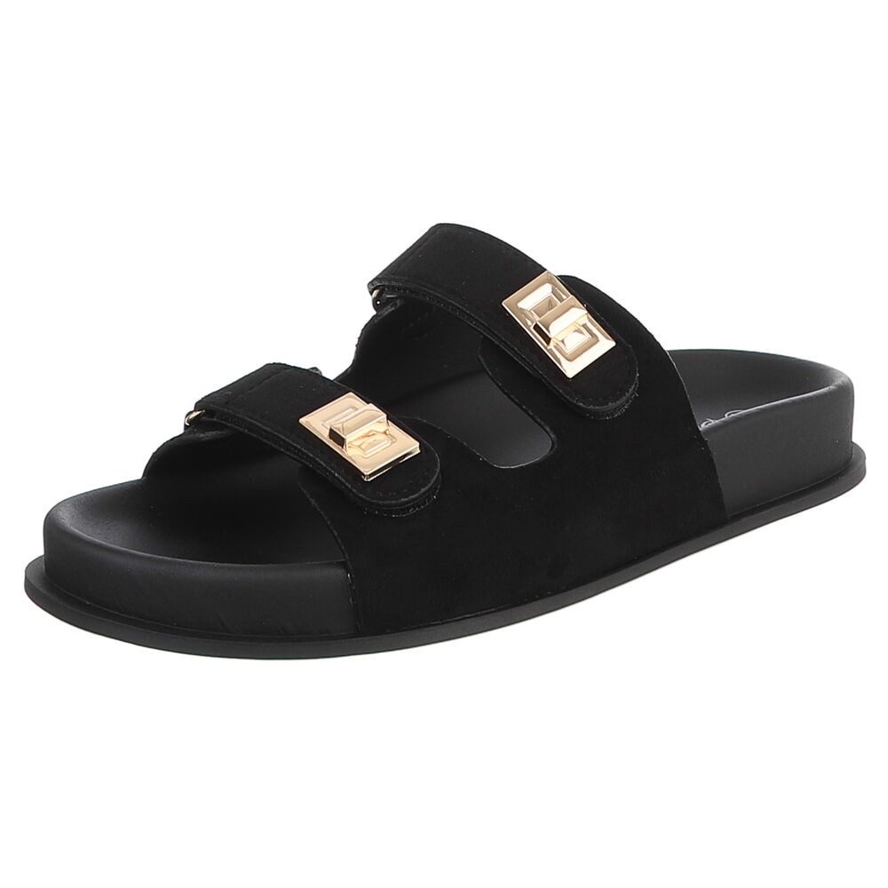 Ital-Design Damen Slipper mit Schnallen und Komfortsohle Pantolette (91742288) Flach Pantoletten in Schwarz