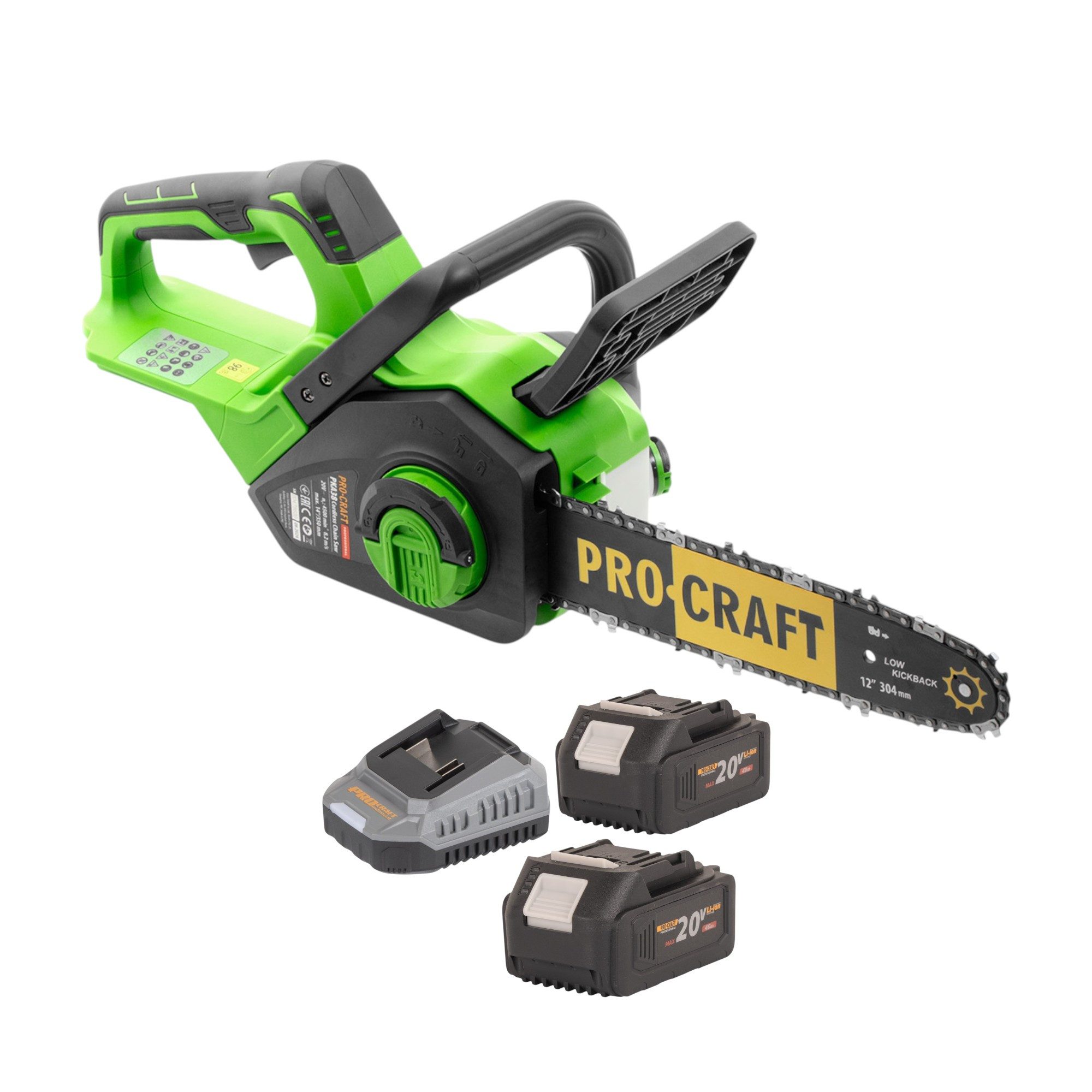 PRO CRAFT Akku-Kettensäge PKA38 20 V 304 mm Brushless + 2x Akku 4,0 Ah + Ladegerät