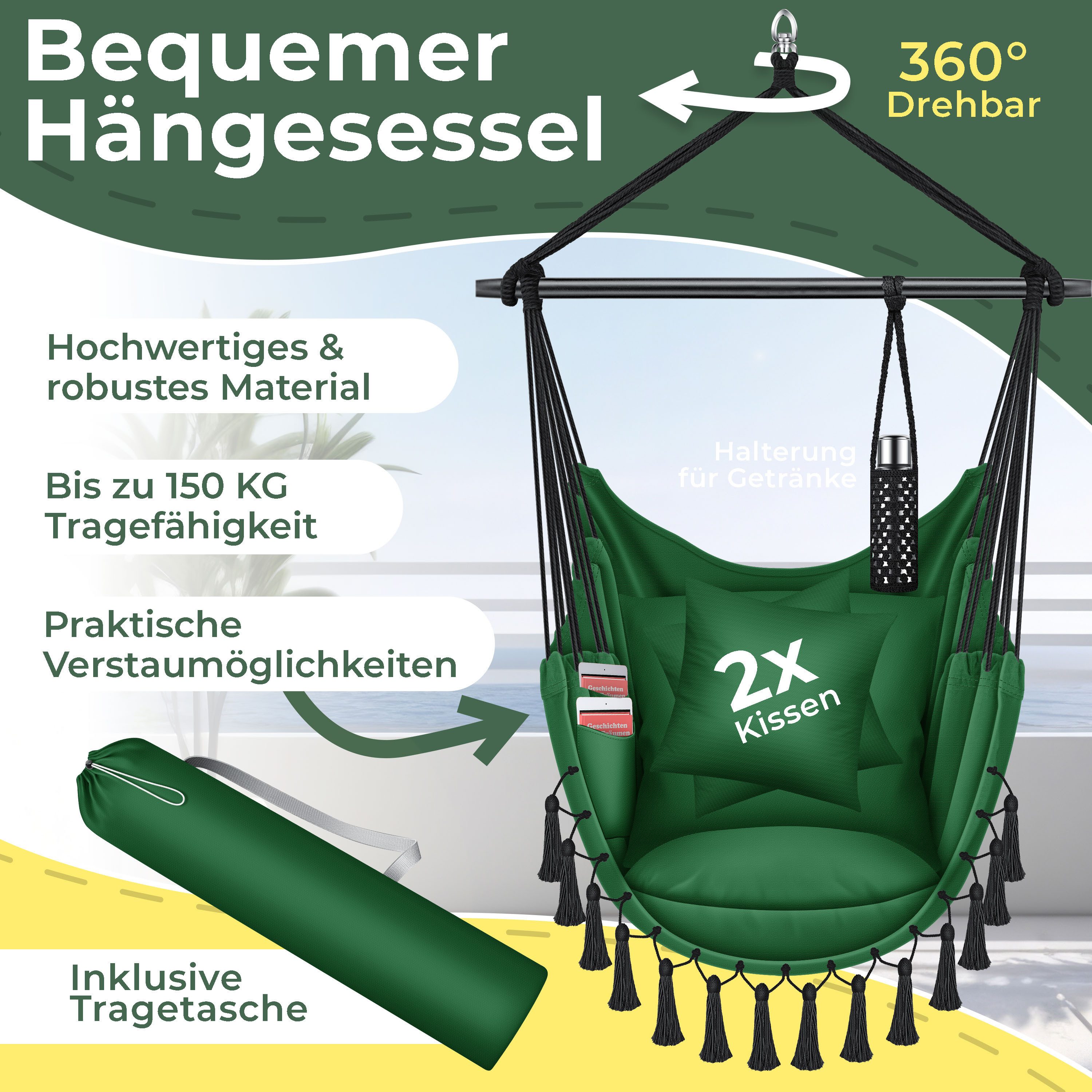 KESSER Hängesessel, Hängestuhl mit Kissen, Getränkehalter & Bücherfach belastbar bis 150kg