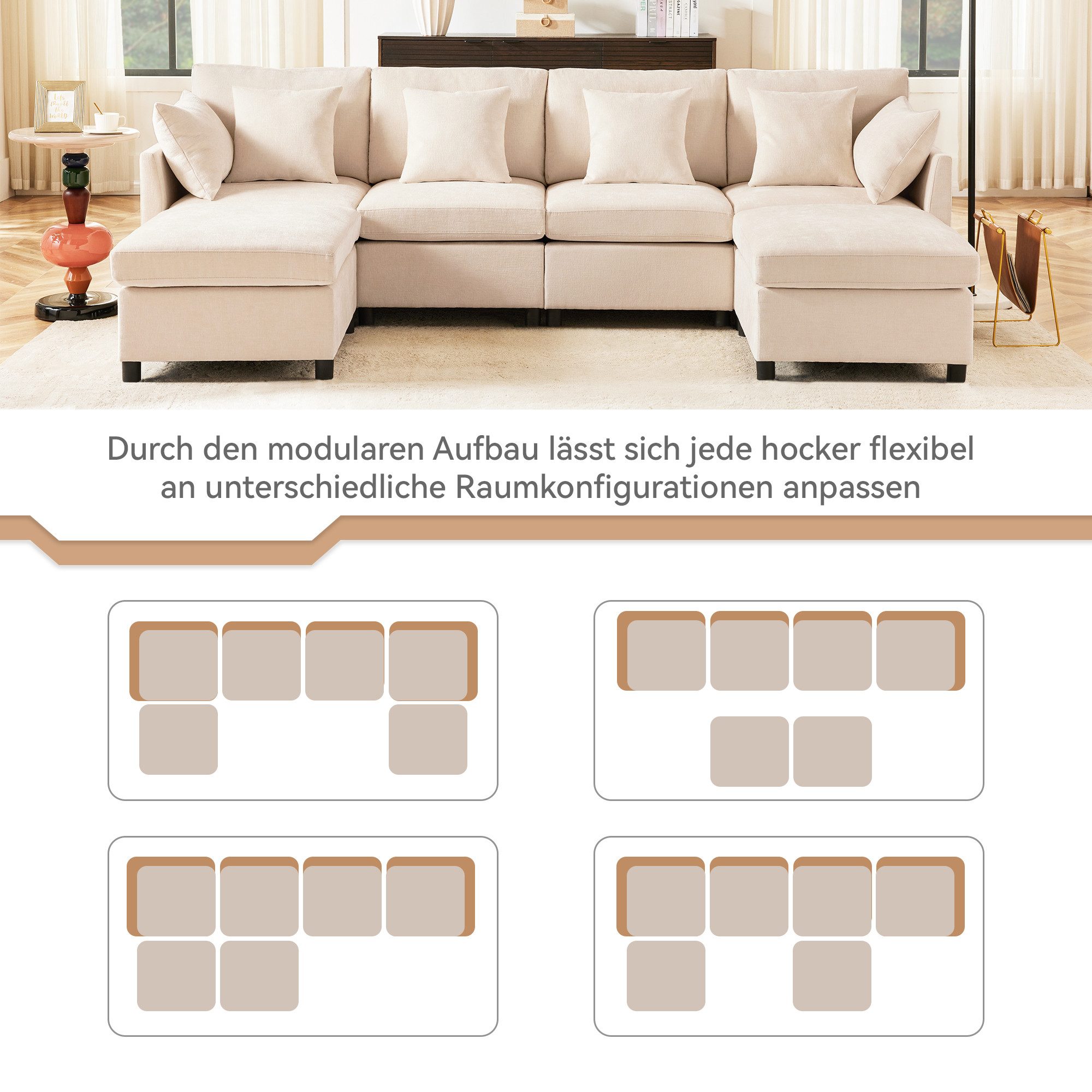 i@home Ecksofa L-förmiges Sofa, U-förmiges Sofa, modulares Sofa, mit abnehmbarem Fußhocker und 6 Kissen