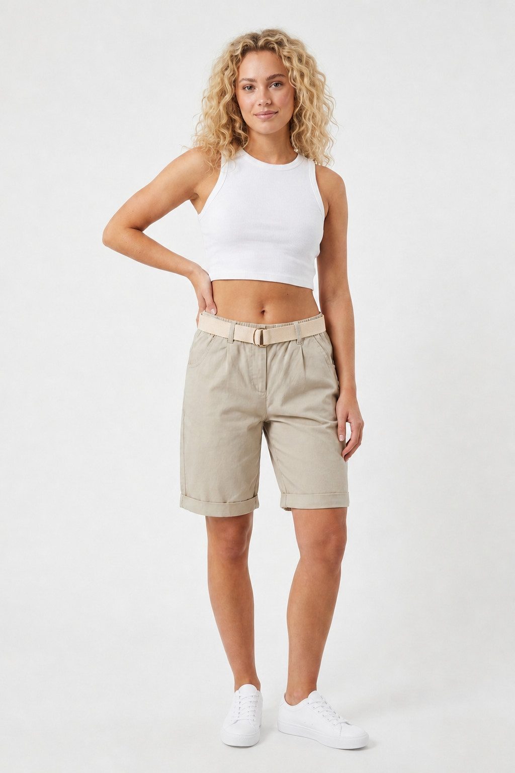 Kendindza Collection Chinoshorts Stretch Kurze Bermuda Shorts Damen Knielang Kurze Hose Damen Sommer Gummibund, Weiches Material, Loose Fit, weiter geschnitten