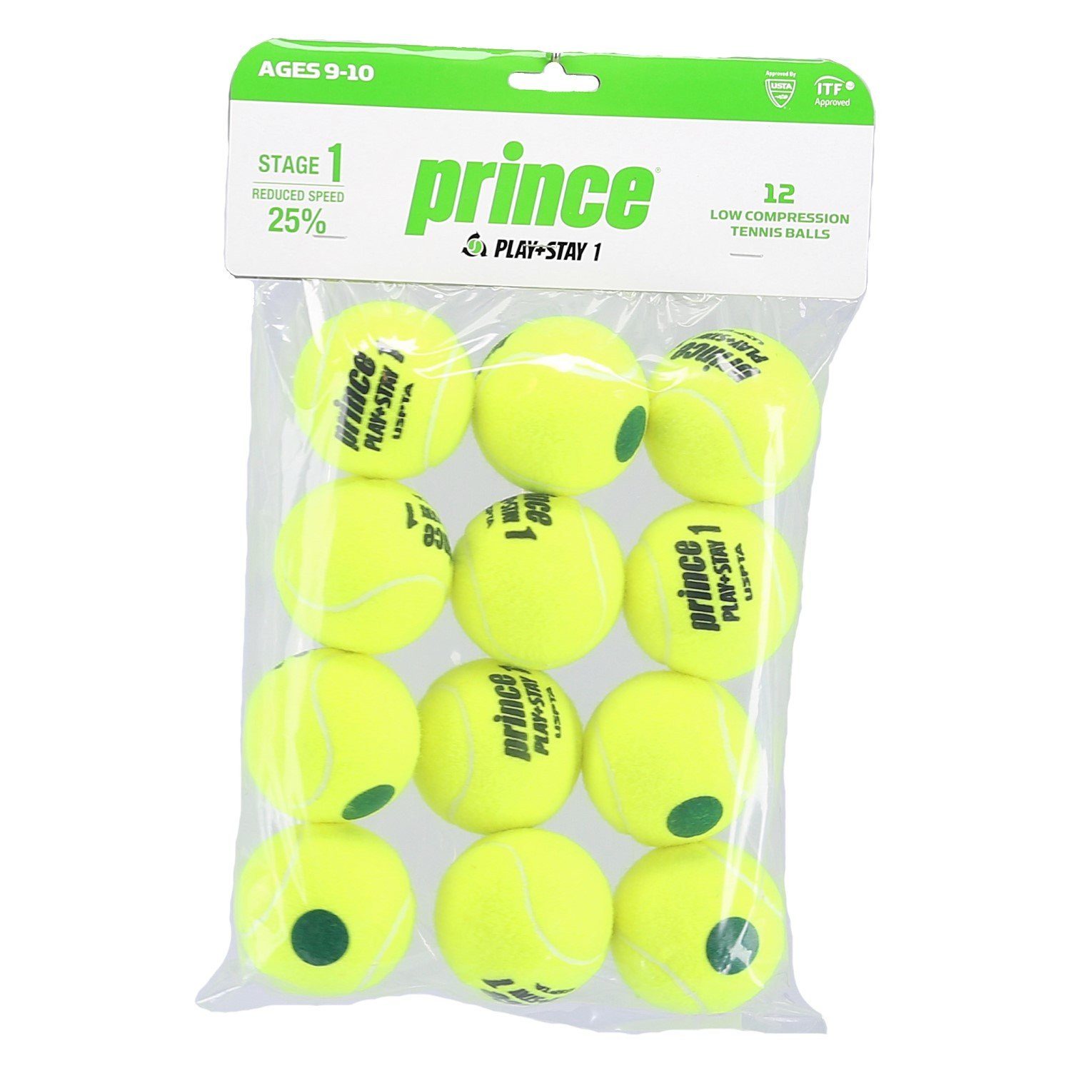 Prince Tennisball Methodikbälle Play&Stay Stage 1 (grüner Punkt) gelb 12er Beutel