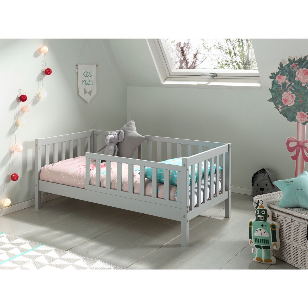 Kinderbett Juniorbett 70x140cm, Umrandung mit Sprossen, Kiefer massiv Weiß/Grau