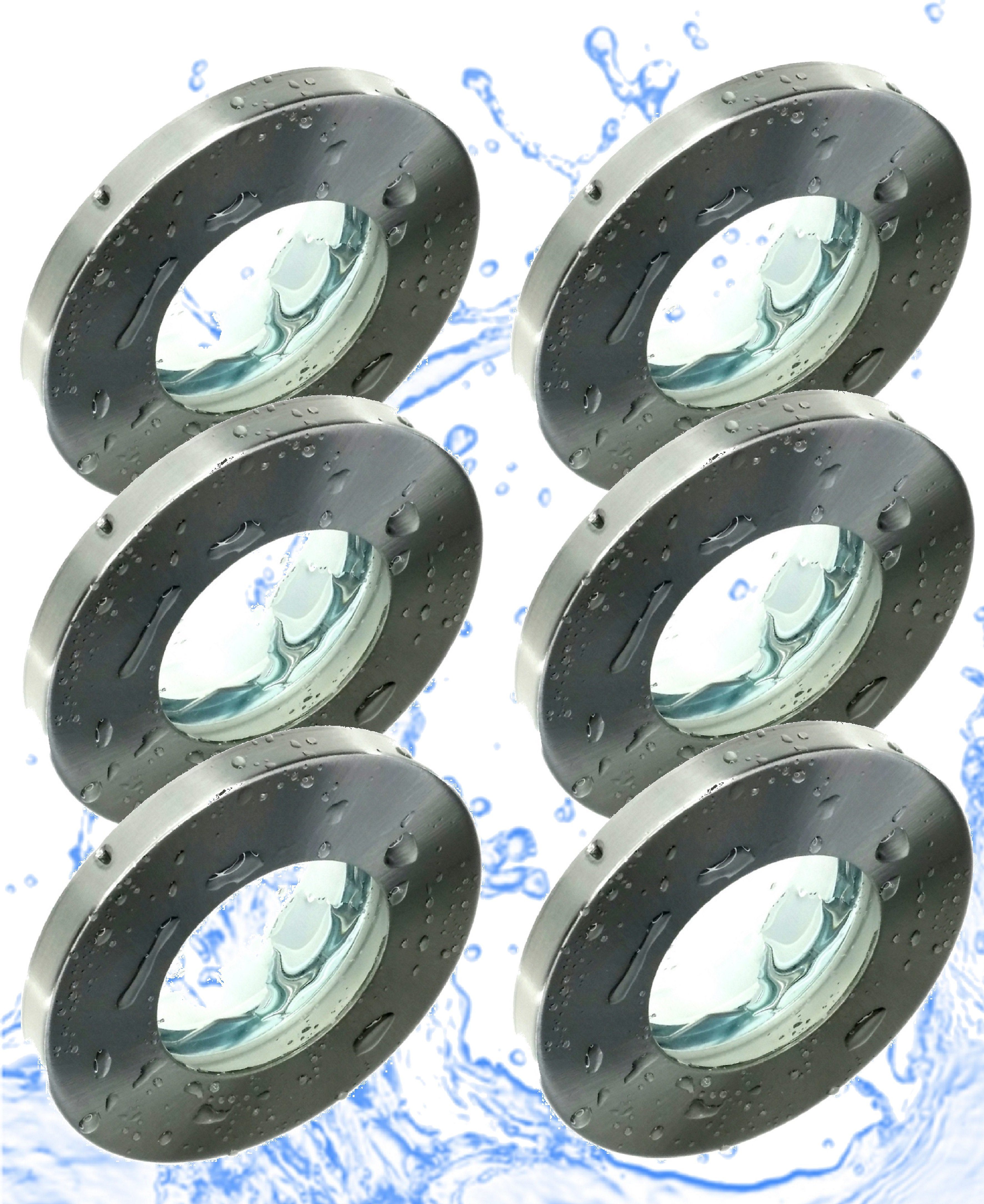 TRANGO LED Einbauleuchte, 6er Set 6729IP-062AK Einbaustrahler Rund IP44 aus Edelstahl gebürstet Badleuchte, Bad Einbauleuchte, Deckenspots, Einbauspots, Deckenleuchte inkl. 6x GU10 Лампыfassung für Bad, Sauna, Außen, Feuchtraum