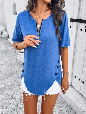 BlauWave Hemdbluse Damen Casual Solid Farbe V-Ausschnitt Kurzarm Top (Geeignet für Partys, 1-tlg., Geeignet für den täglichen Gebrauch) Sommerliches lässiges Hemd mit Reißverschluss und Knopfleiste