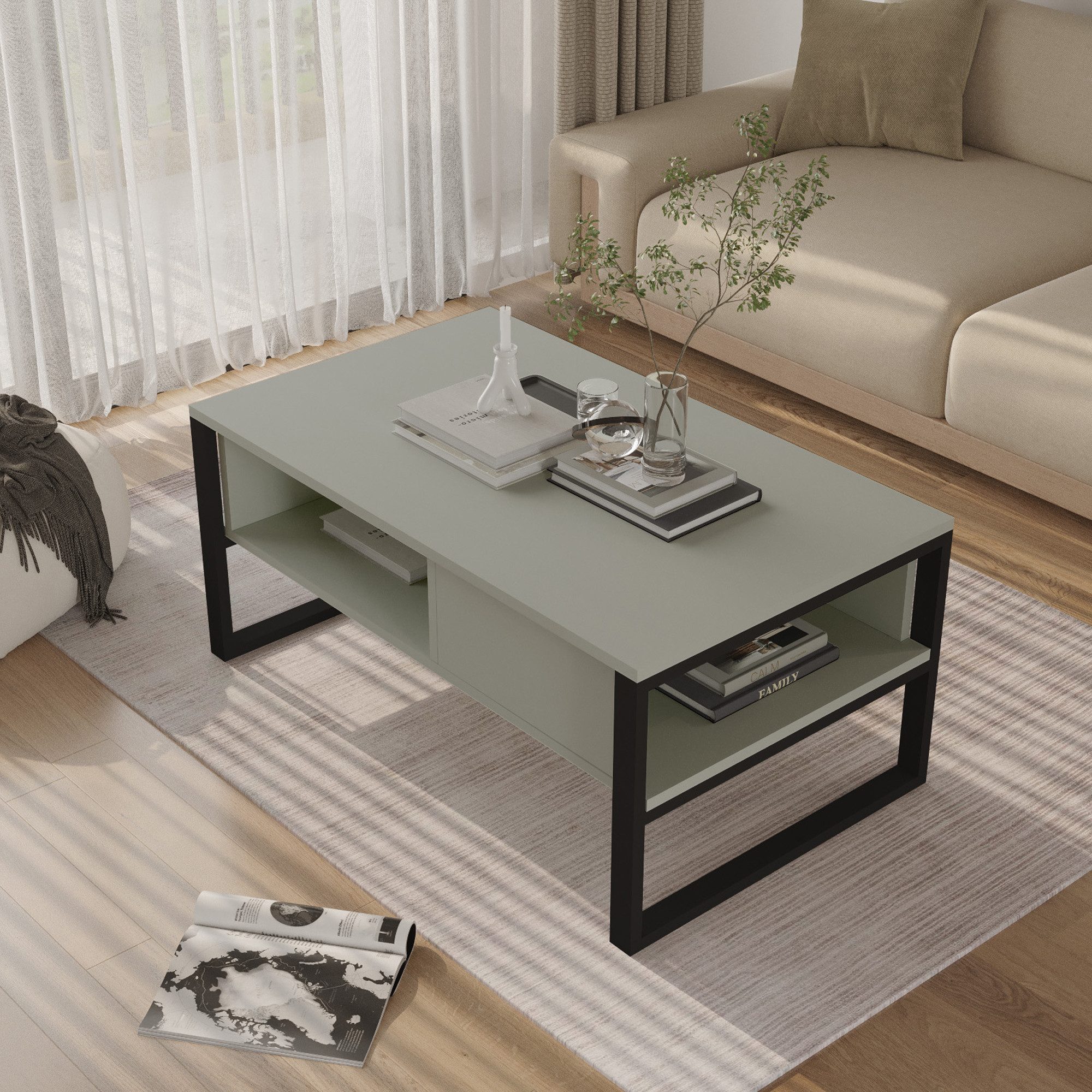 en.casa Couchtisch, »Laukaa« rechteckig Metallgestell 100 x 60 x 45 cm Grün günstig online kaufen