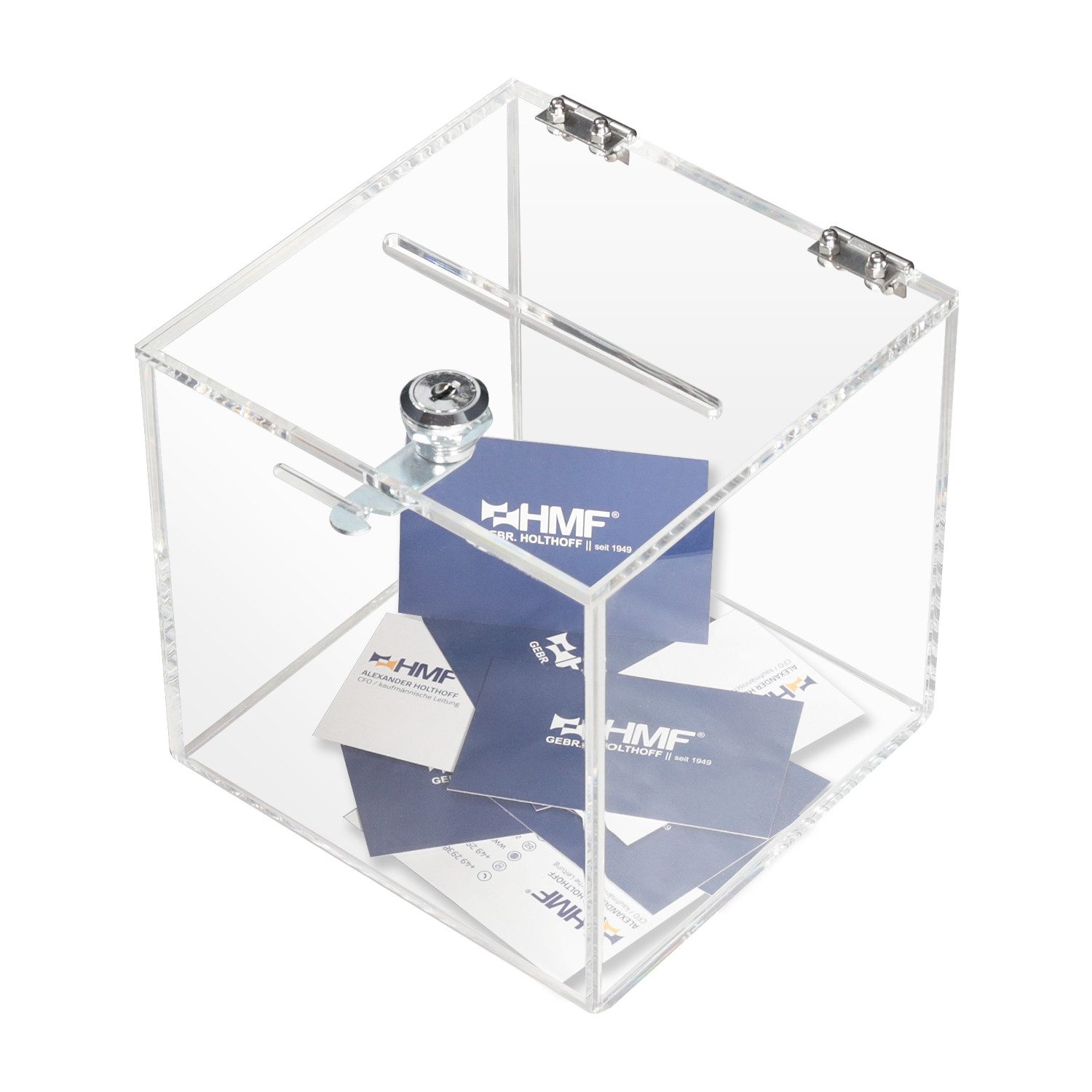 HMF Geldkassette Acryl Spendenbox 46919 mit Schloss, 15 x 15 x 15 cm, DIN A6, transparent