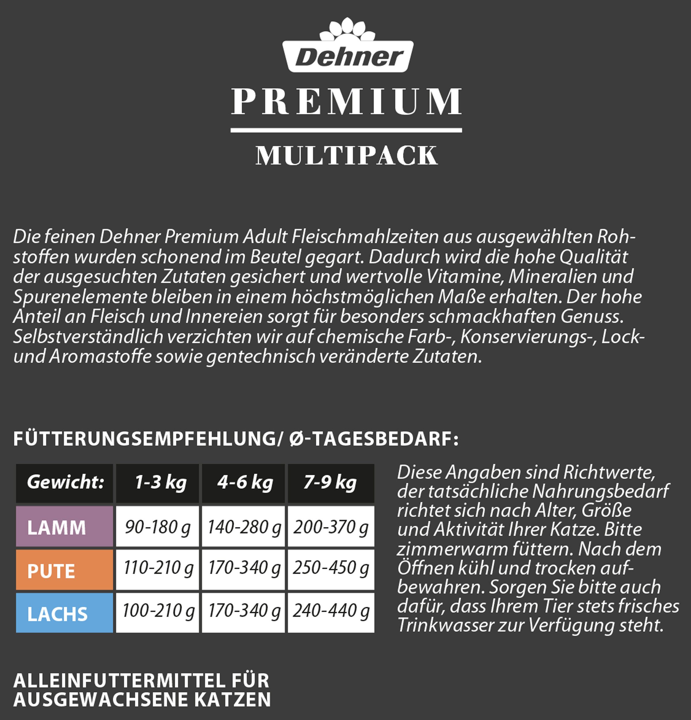 Dehner Premium Multipack Adult Lamm / Pute / Lachs, 12 x 100 g Beutel Lamm, Nassfutter für: Katze, Nassfutter für ausgewachsene Katzen