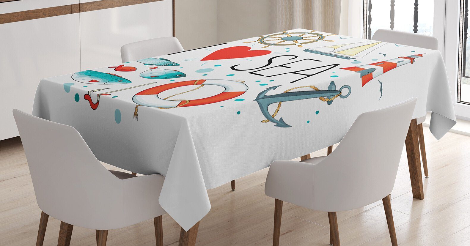 Abakuhaus Tischdecke Farbfest Waschbar Für den Außen Bereich geeignet Klare Farben, Nautisch I Love Sea Wörter