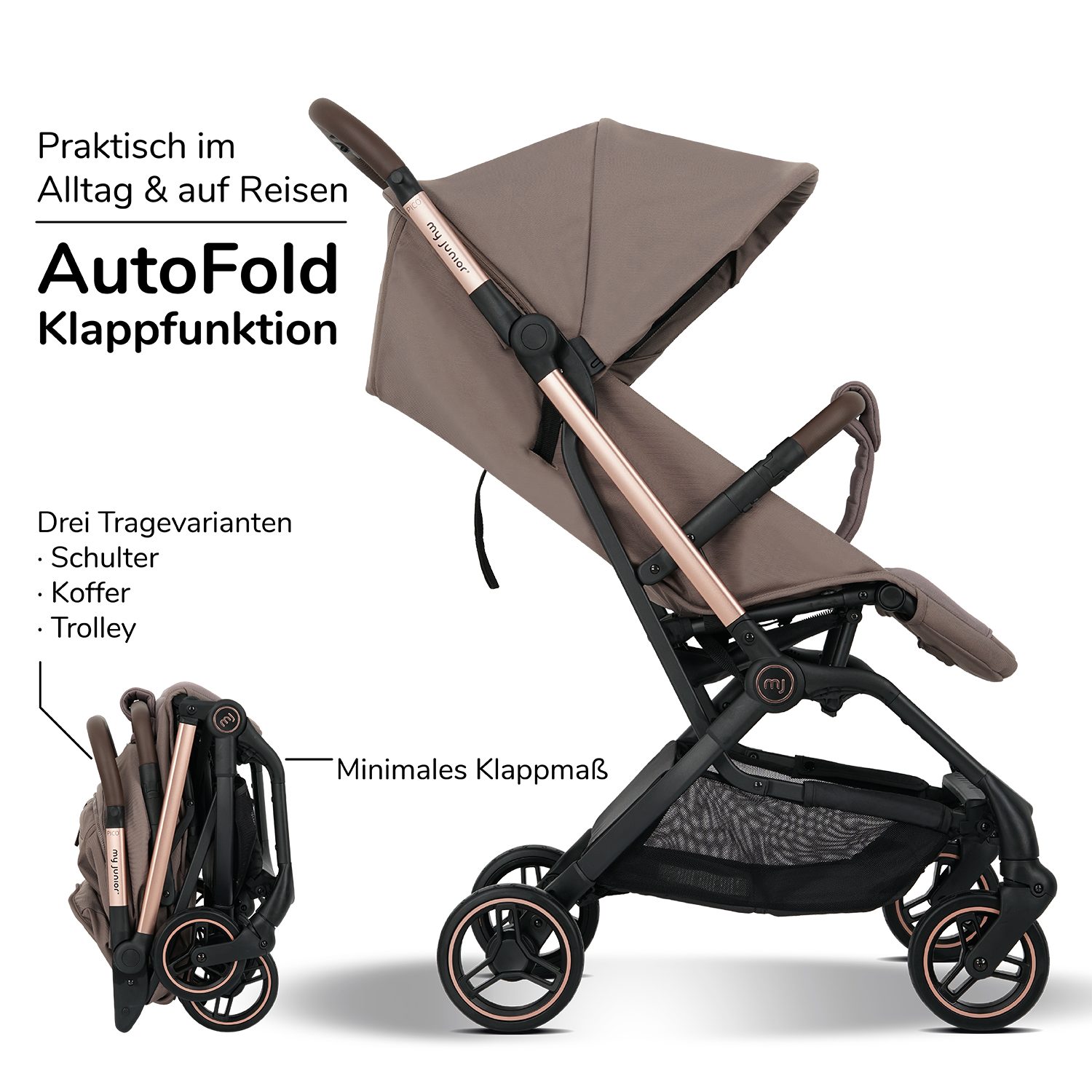 my junior Kinder-Buggy my junior® PICO² Hazel - rose, bis 22kg, Einhand AutoFold, Getränkehalter, Transporttasche