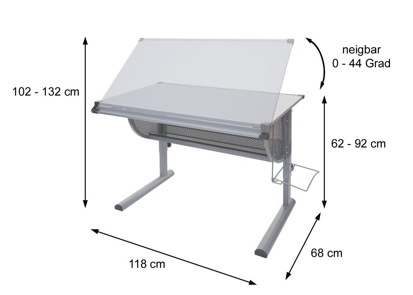 höhenverstellbar 44 Preston, Grad), Winkeln Kinderschreibtisch in weiß-silberfarben Arbeitsfläche Tischöhe 0 MCW (von neigbar bis in 10 Arbeitsfläche Winkeln 10 neigbar,