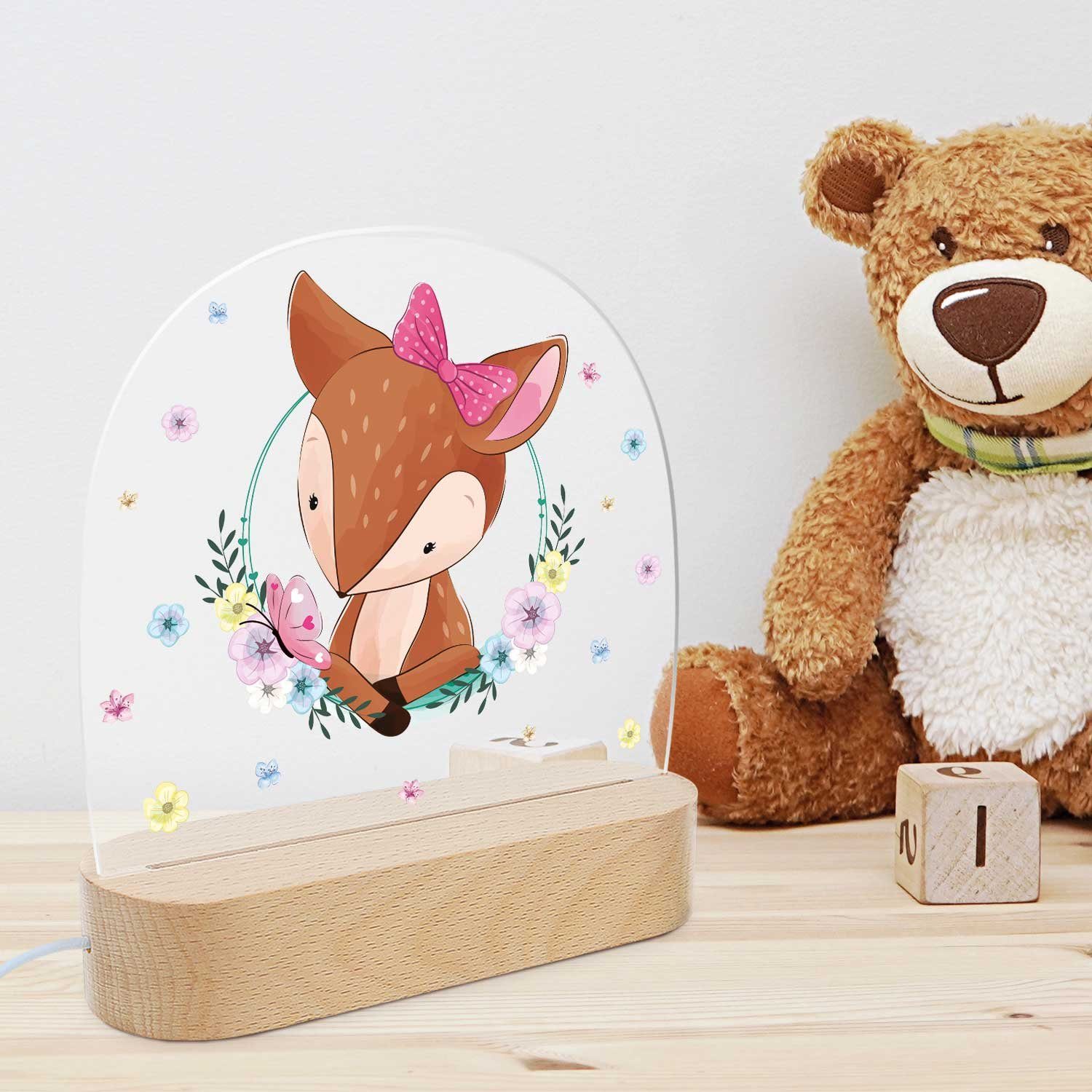 GRAVURZEILE LED Nachtlicht für Kinder, Beruhigend und Energiesparend - Blumen Design - Reh, LED, 3 Lichtmodi: Warm- Kalt- und Mischweiß, Geschenk für Kinder & Baby