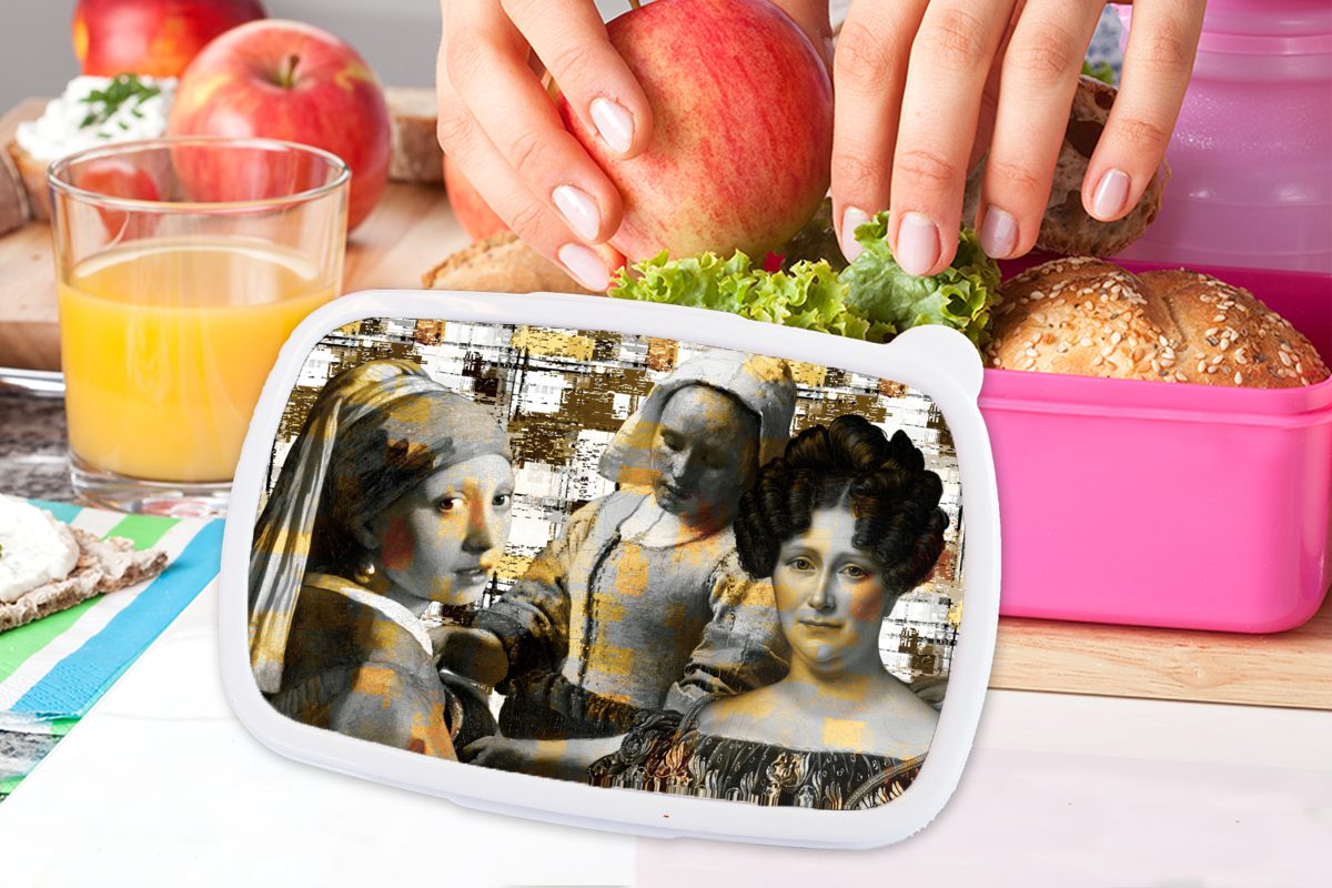 MuchoWow Lunchbox Collage Gold, Mondrian Mädchen, Erwachsene, Kunststoff (2-tlg), für Kinder, Brotdose - rosa - Snackbox, Kunststoff, Brotbox
