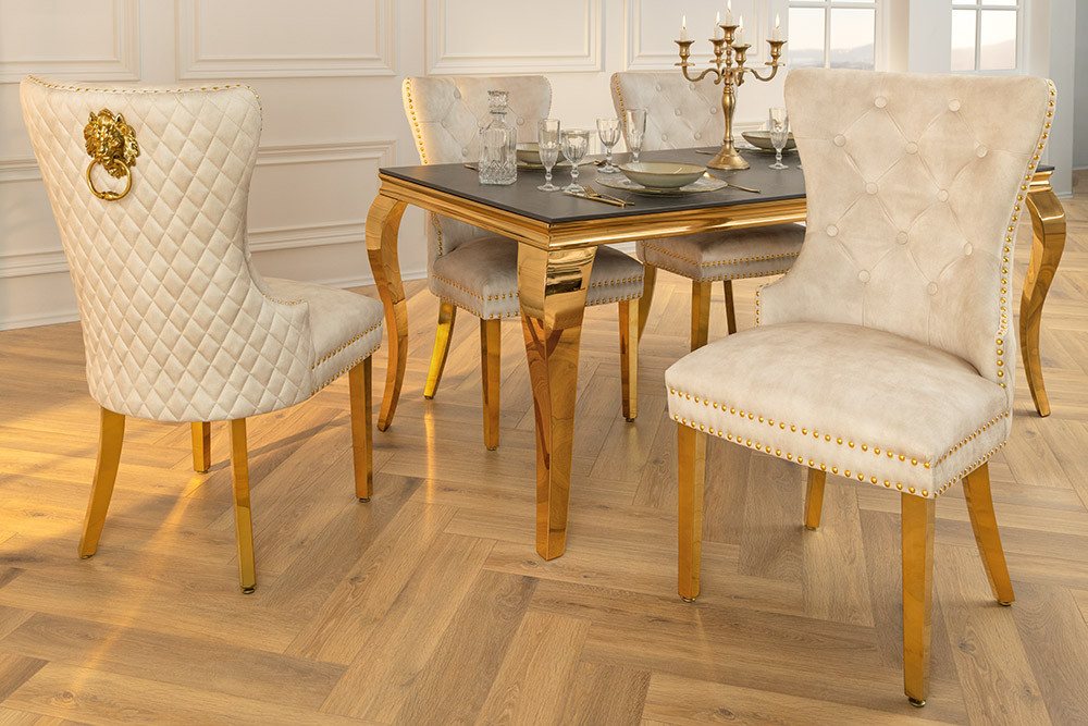 riess-ambiente Esszimmerstuhl CASTLE DELUXE beige/gold - Samt, Edelstahl, Löwenkopf-Griff (Einzelartikel, 1 St), glamouröser Stuhl mit Nieten - ideal für Deinen Barock-Look
