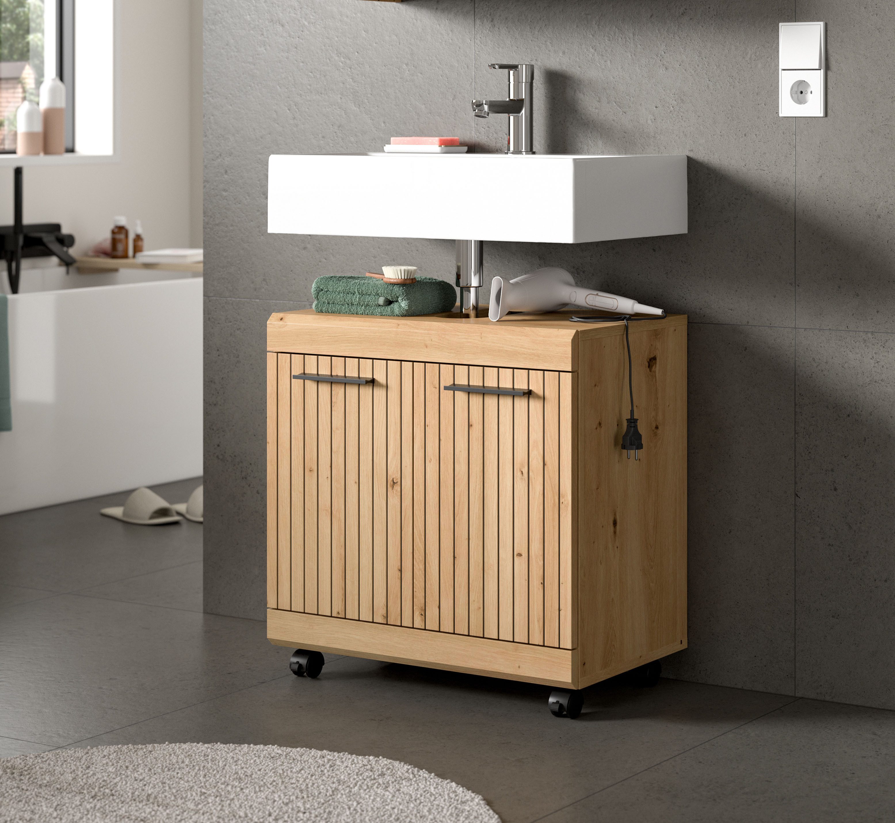 welltime Waschbeckenunterschrank SIENA, Breite 60cm, 2 Türen, auf Rollen, MDF-Front (TOPSELLER!, mit Siphonausschnitt 10x25 cm) in verschiedenen Farben erhältli – Bild 5 von 5