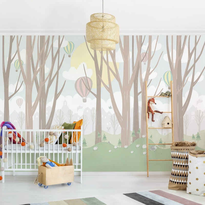 Bilderdepot24 Kindertapete Kinderzimmer Sonne Bäume Heißluftballons Kinder Wanddeko Wald Pastell, Glatt, Matt, (Inklusive Gratis-Kleister oder selbstklebend), Mädchenzimmer Jungenzimmer Babyzimmer Bildtapete Fototapete Wandtapete