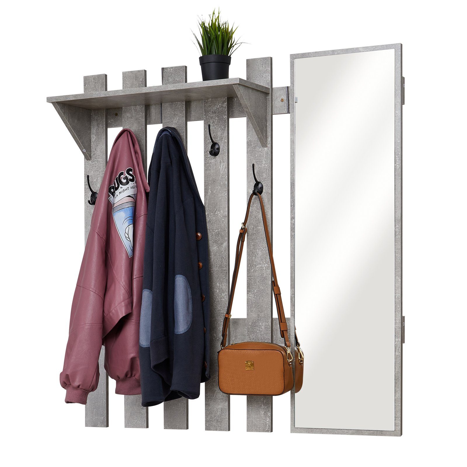 Mondeer Garderobenpaneel Garderobe mit Spiegel, Wandhalter mit 5 Häkchen, 100 x 106 x 22 cm
