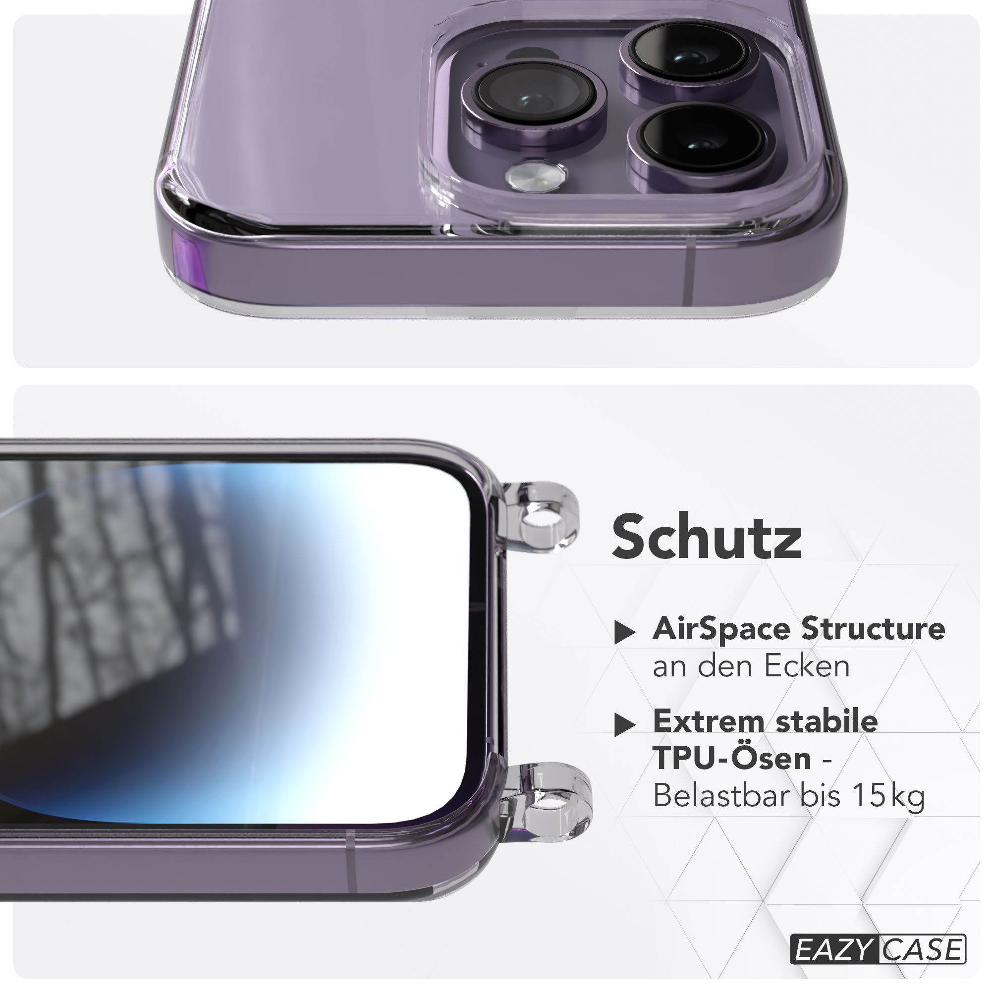 EAZY CASE Handykette Handyhülle für Handyketten mit Befestigungsösen für iPhone Modelle 6,1 Zoll, Hülle für Handykette, Transparent mit Ösen für Apple iPhone 14 Pro