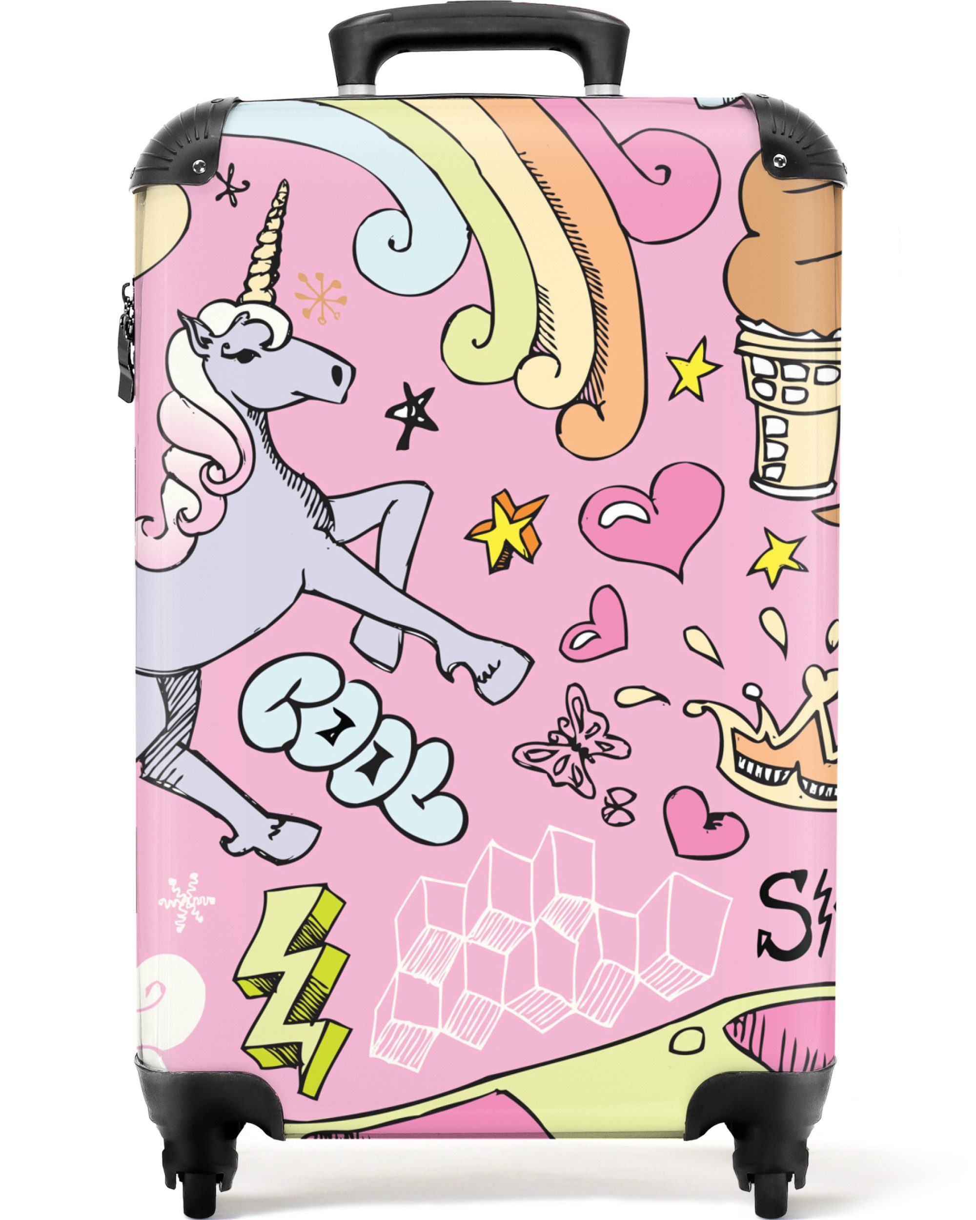 NoBoringSuitcases.com© Kinderkoffer Rosa - Einhorn - Skateboard - Zeichnung 55x35x20cm, Handgepäck-Koffer, Kinderkoffer, Reisekoffer Mädchen
