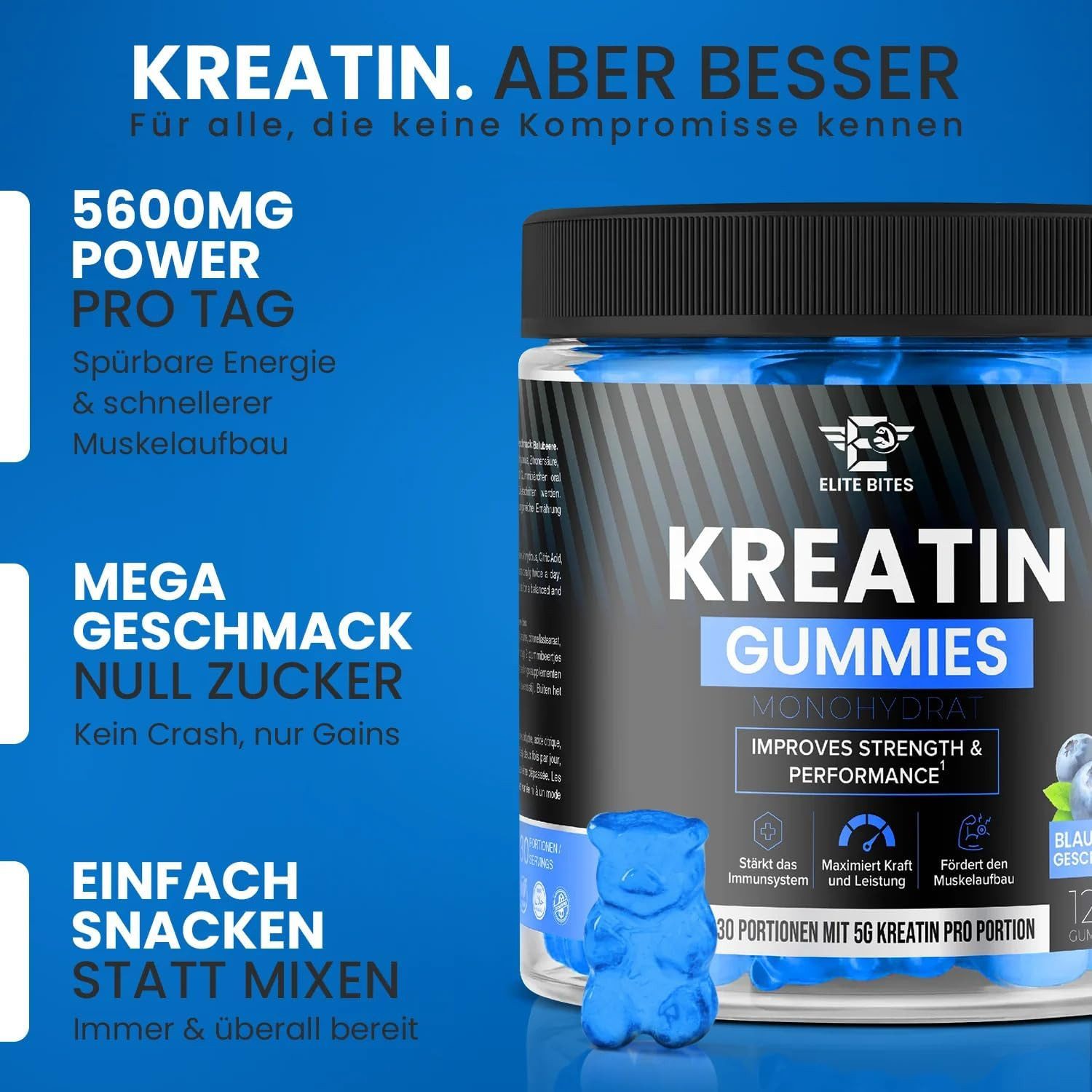 Riyashop Gummibärchenmaschine Elite Bites Kreatin Gummies, Blaubeere Geschmack, 120 Gummibärchen