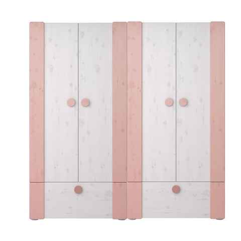 STEENS Kleiderschrank Kiefer Massiv 4-türig Kleiderschrank 200x202 cm Weiß washed/ rosa