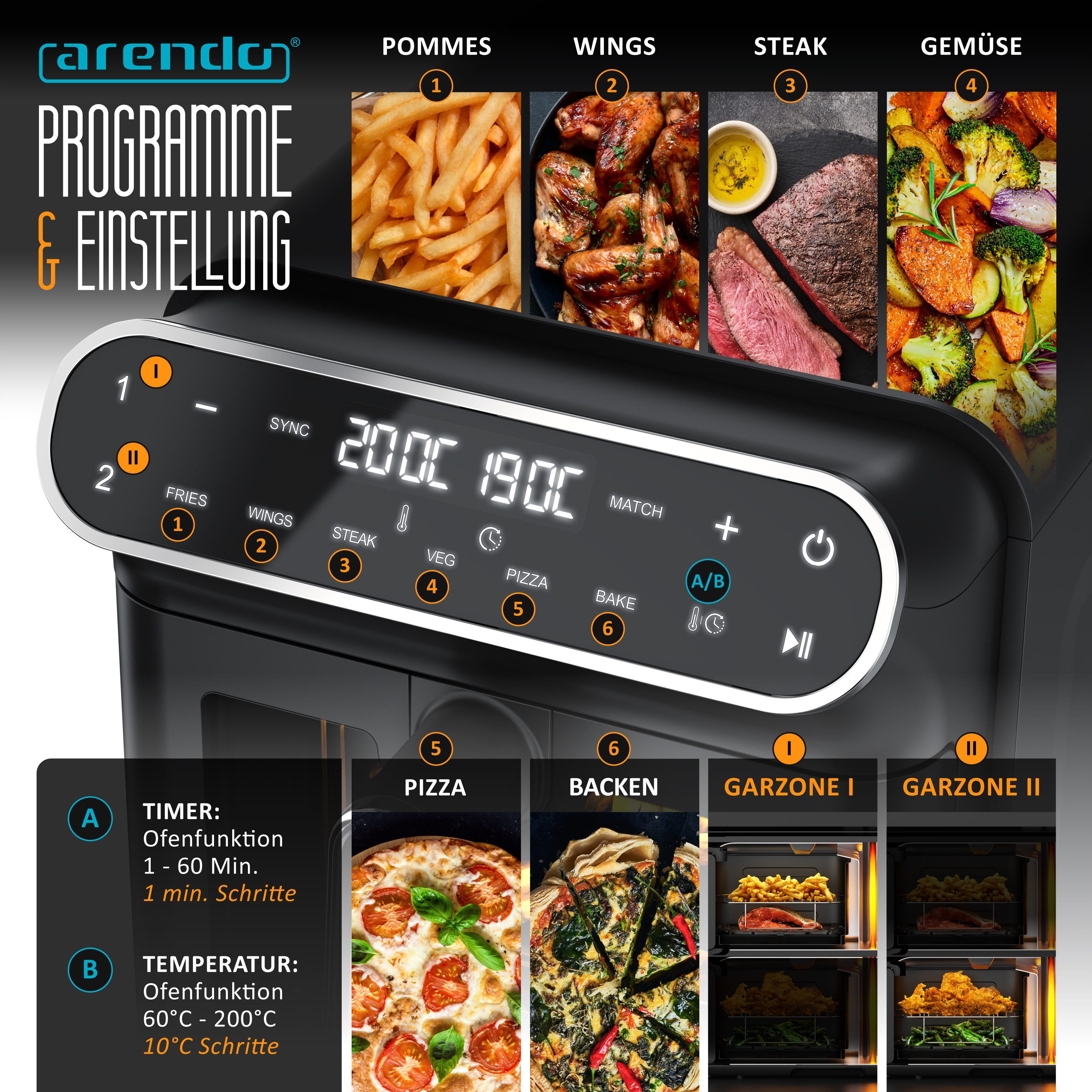 Arendo Heißluftfritteuse Dual, 2 Kammern Übereinander, XXL Doppelkammer Airfryer 11L, Dual Zone, 2640 W, mit Zubehör, Umluft Backofen, Sichtfenster, BPA‑frei, GS‑geprüft