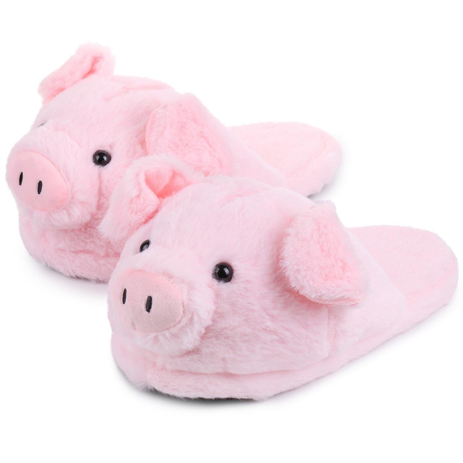 Katara Kuschelige Tier Pantoffeln (Schwein, Lama, Bär) Plüsch Hausschuhe Schweinchen rosa (hinten offen)
