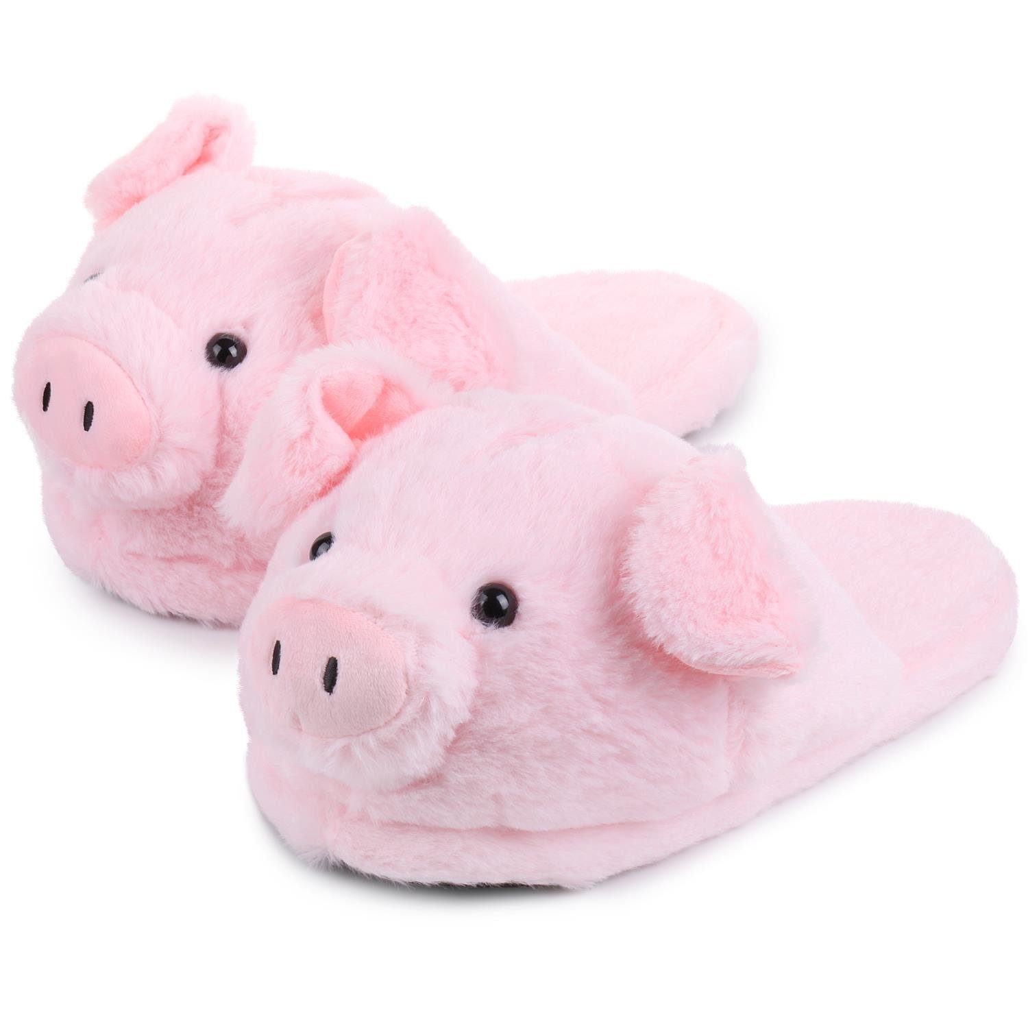 Katara Kuschelige Tier Pantoffeln (Schwein, offen) rosa Hausschuhe Plüsch (hinten Schweinchen Lama, Bär)