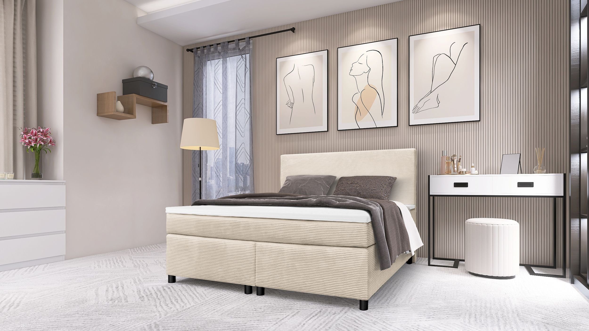 Küchen-Preisbombe Boxspringbett Paxos Cordstoff Beige 140x200 günstig online kaufen