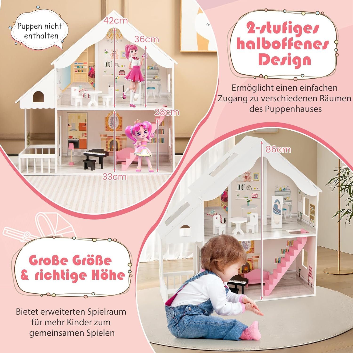 KOMFOTTEU Puppenhaus Traumhaus, mit 5 Räumen & Möbelset, 81 x 30 x 86 cm