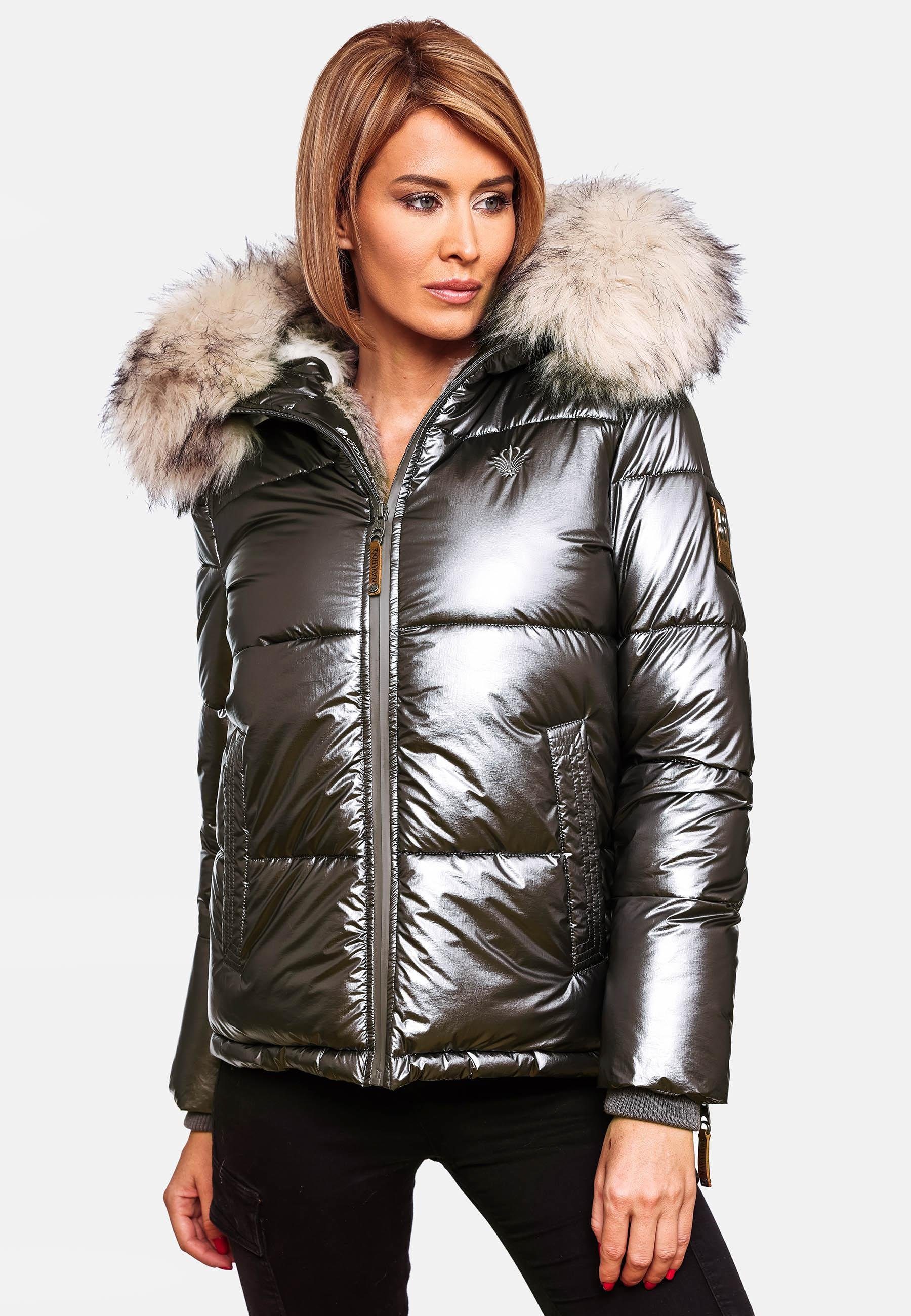 Navahoo Winterjacke Tikunaa gefütterte Steppjacke mit warm anthra Damen Kunstfellkapuze