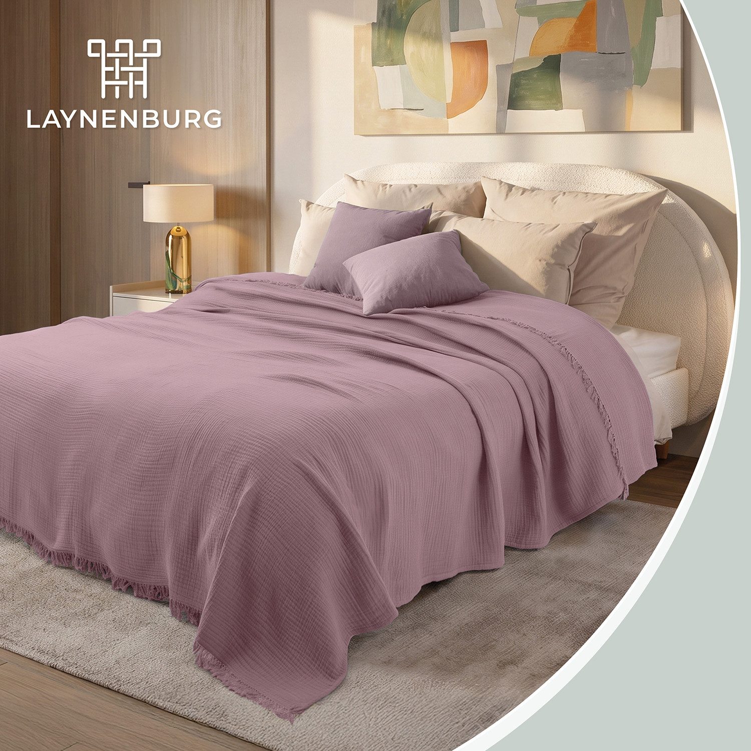 Laynenburg Tagesdecke Musselin mit Fransen aus 100% Baumwolle – Baumwolldecke, Wohndecke als Sommerdecke, Bett-Überwurf, Sofa-Decke, Kuscheldecke – Bild 2 von 5