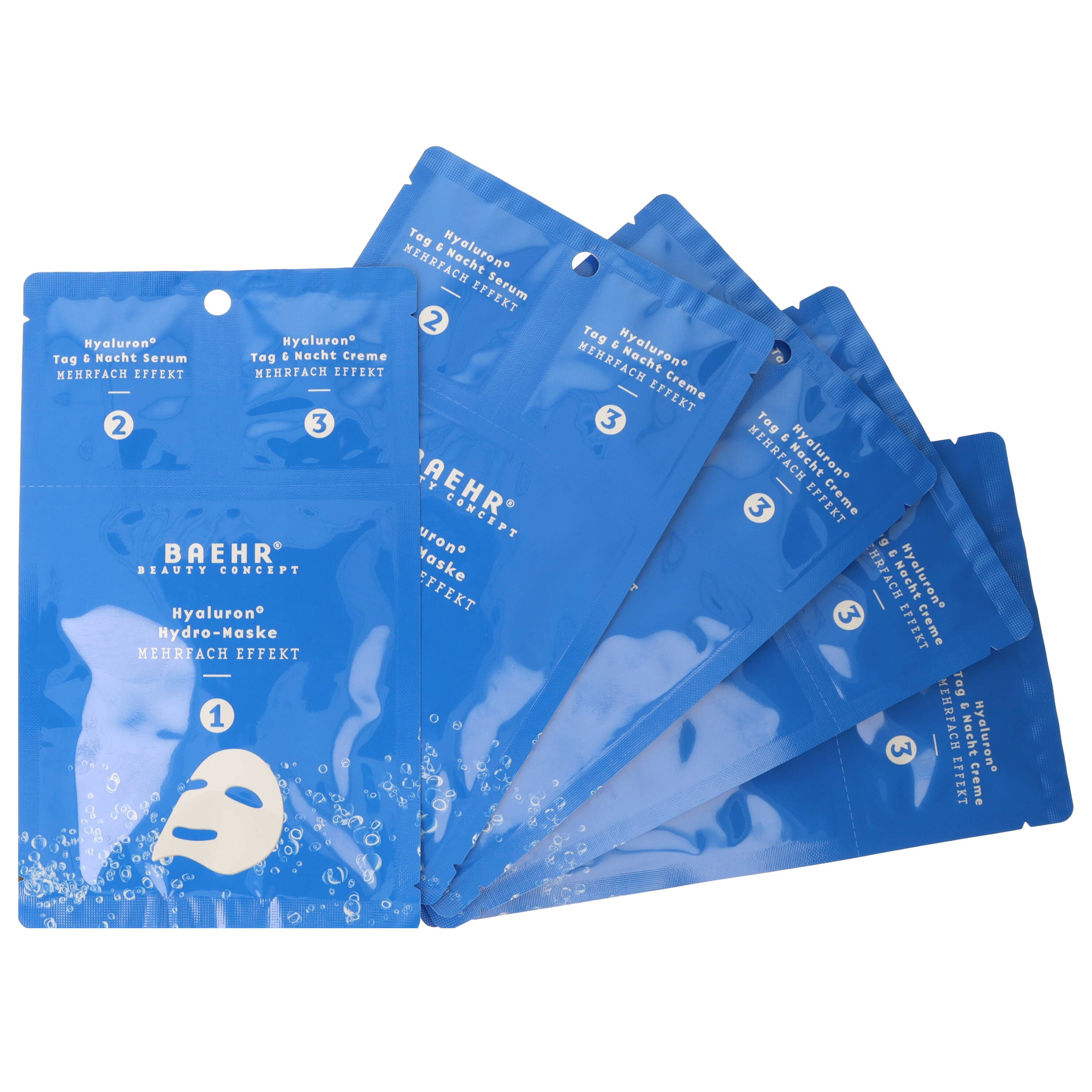 BAEHR BEAUTY CONCEPT Gesichtsmaske Baehr Beauty Concept Hyaluron+ 3-in-1 Hydro-Masken 5 Stk Straffender, aufpolsternder Effekt, 3-tlg., Kombination aus Maske, Serum und Creme