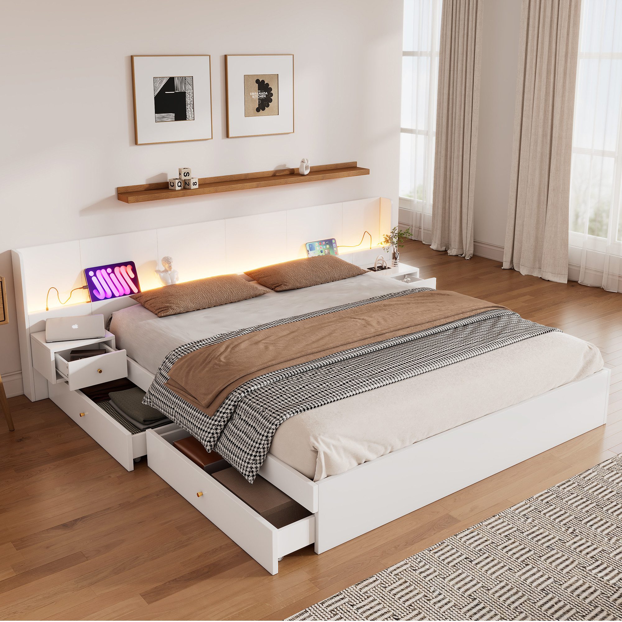 OKWISH Polsterbett mit LED-Beleuchtung (Holzbett, Jugendbett, Doppelbett, 1-tlg., 2 Schubladen, 2 Nachttische, 180*200cm, ohne Matratze), mit USB-Schnittstelle, Steckdose,steuerbar per Mobile APP