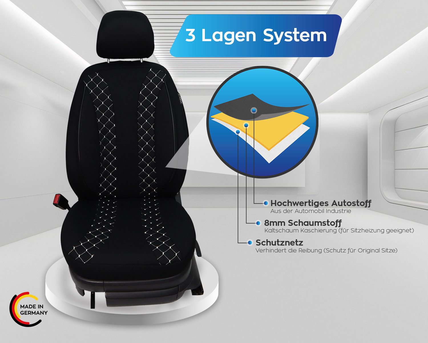 BREMER SITZBEZÜGE Autositzbezug für Opel Ampera-e Bj ab 2017 (N308), Set, Schonbezüge Sitzbezüge Fahrer und Beifahrer, in Schwarz/Weiße Naht