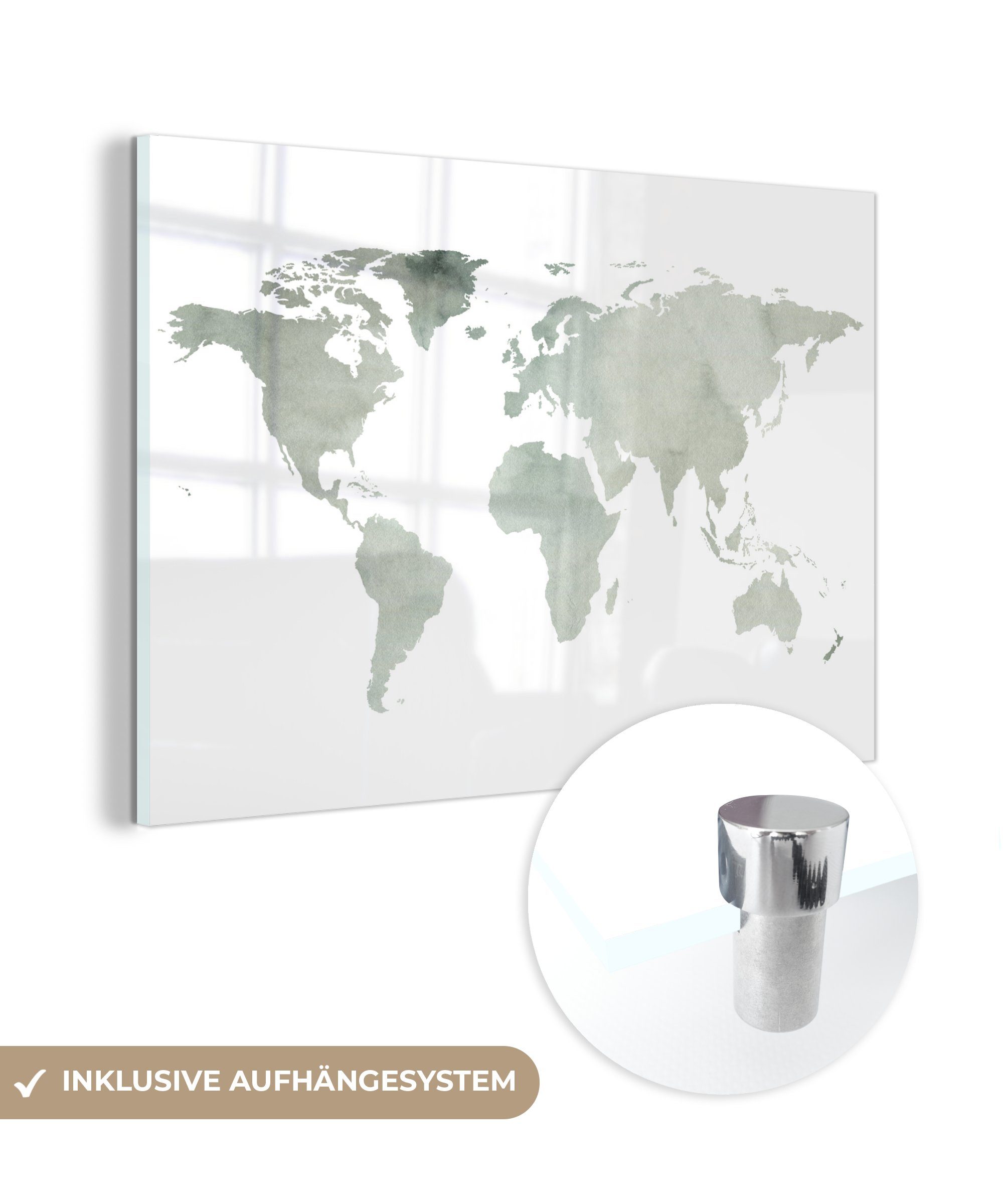 MuchoWow Acrylglasbild Weltkarte - Grau - Aquarell, (1 St), Glasbilder - Bilder auf Glas Wandbild - Foto auf Glas - Wanddekoration
