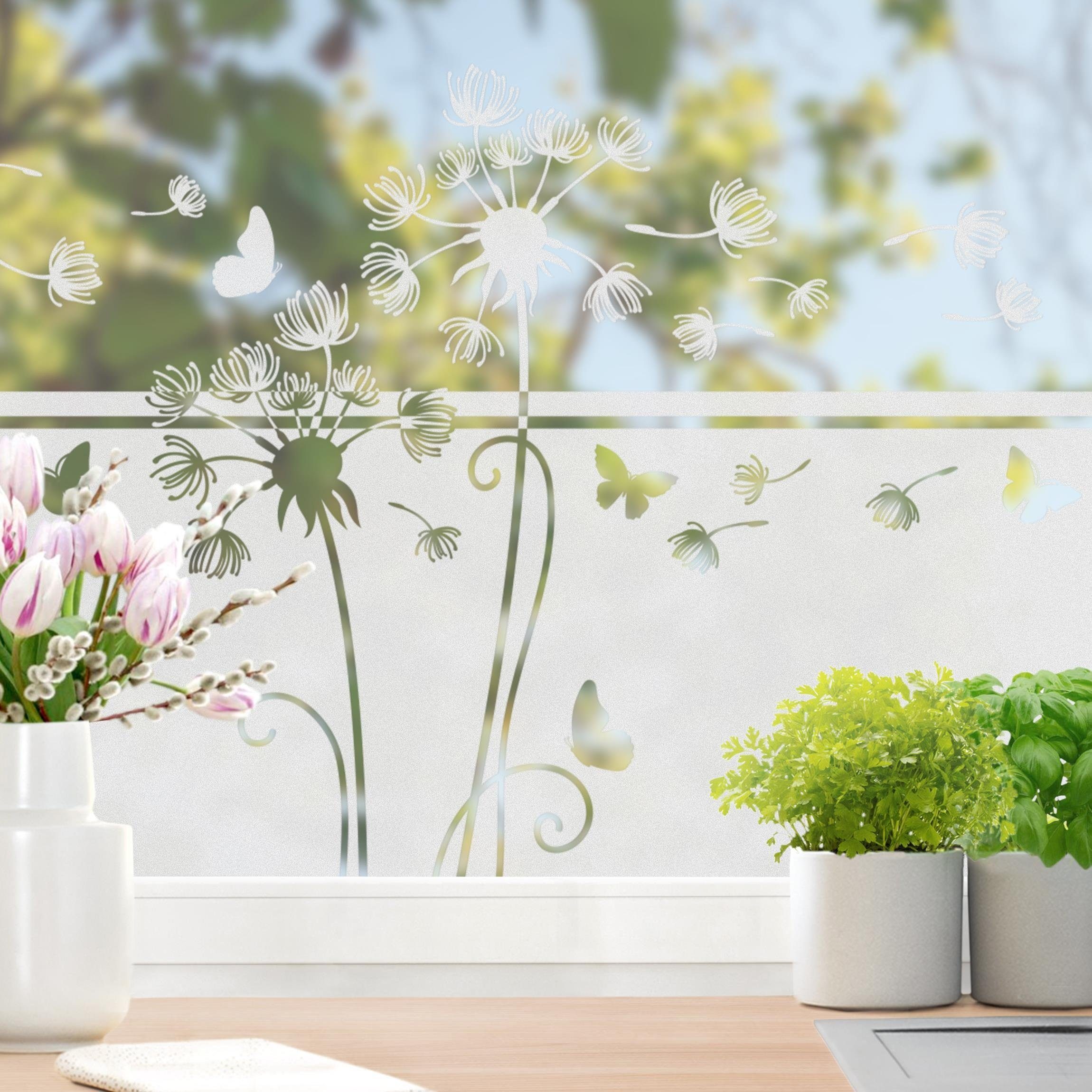 Bilderdepot24 Fensterfolie statisch haftend Motiv Fensterdeko Zwei Pusteblumen Bordüre Blume, blickdicht, Innen Fenster Tür Balkontür Küche Badezimmer Wohnzimmer Schlafzimmer