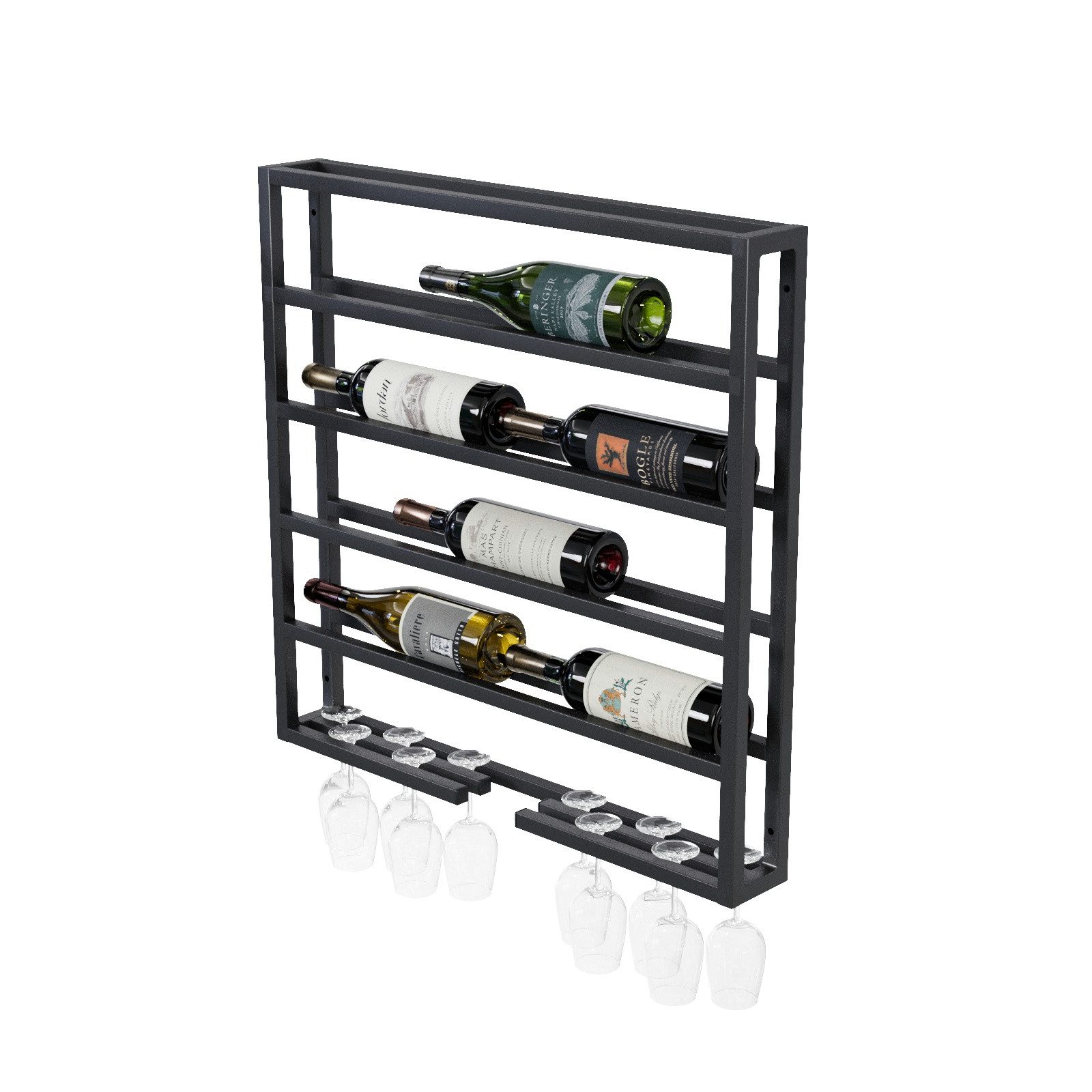QLS Weinflaschenhalter Weinregal für 8 Flaschen und Weingläser, (mit Montagesatz), Wandregal aus Stahl pulverbeschichtet hängend schwarz