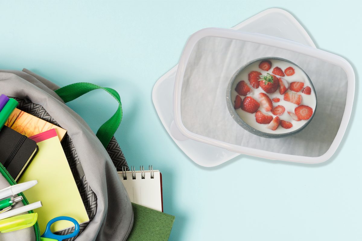 - Schale Lunchbox - Brotbox und Erwachsene, Jungs für MuchoWow und Tisch, Kinder für Mädchen Erdbeere weiß Brotdose, Kunststoff, (2-tlg),