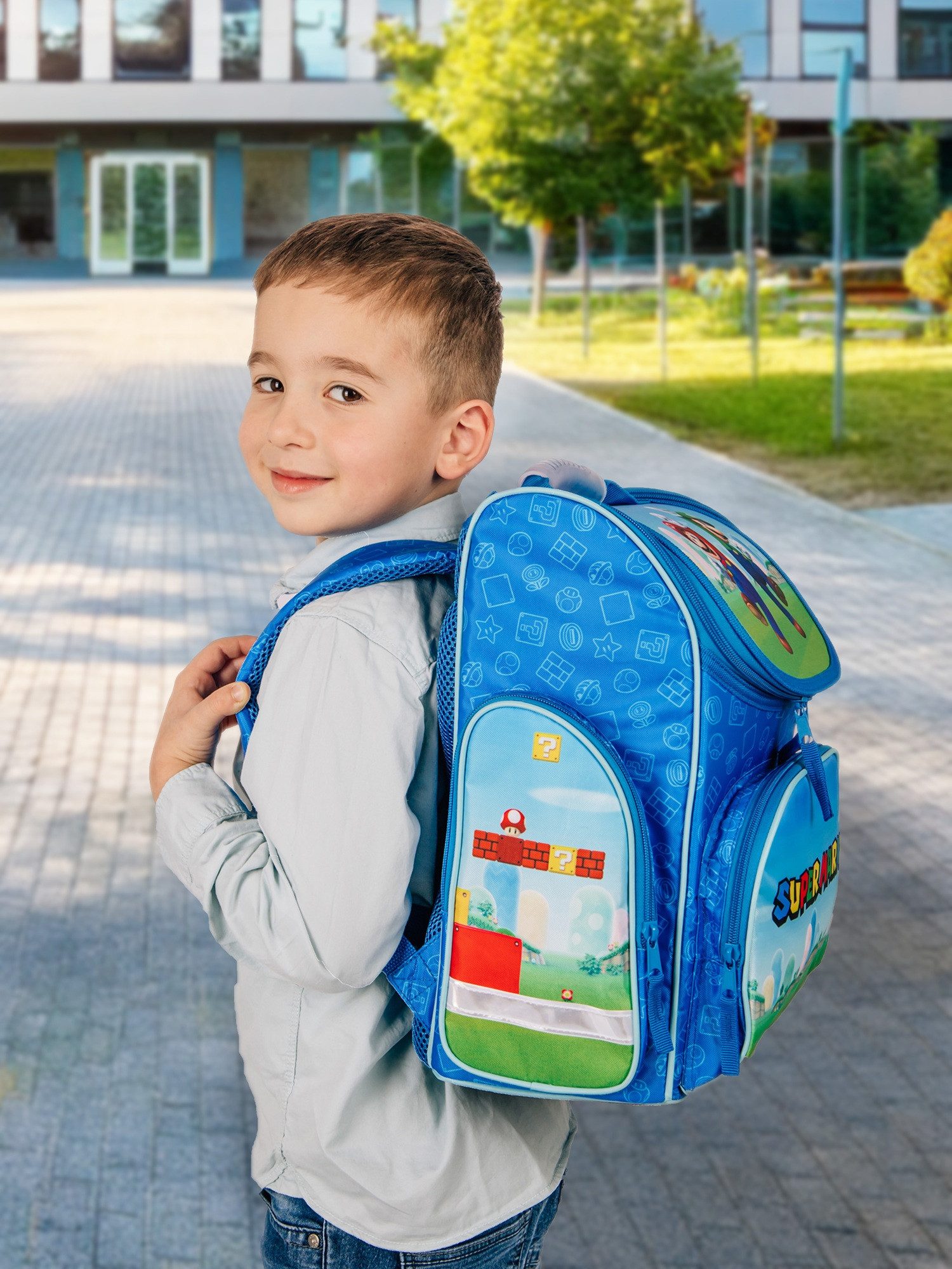Familando Schulranzen Clou Super Mario Schultasche, blau, ab 1. Klasse (Grund-Set, 5-tlg., mit Federmappe, Schlamper, Turn- & Geldbeutel), kompakt, leicht, robust