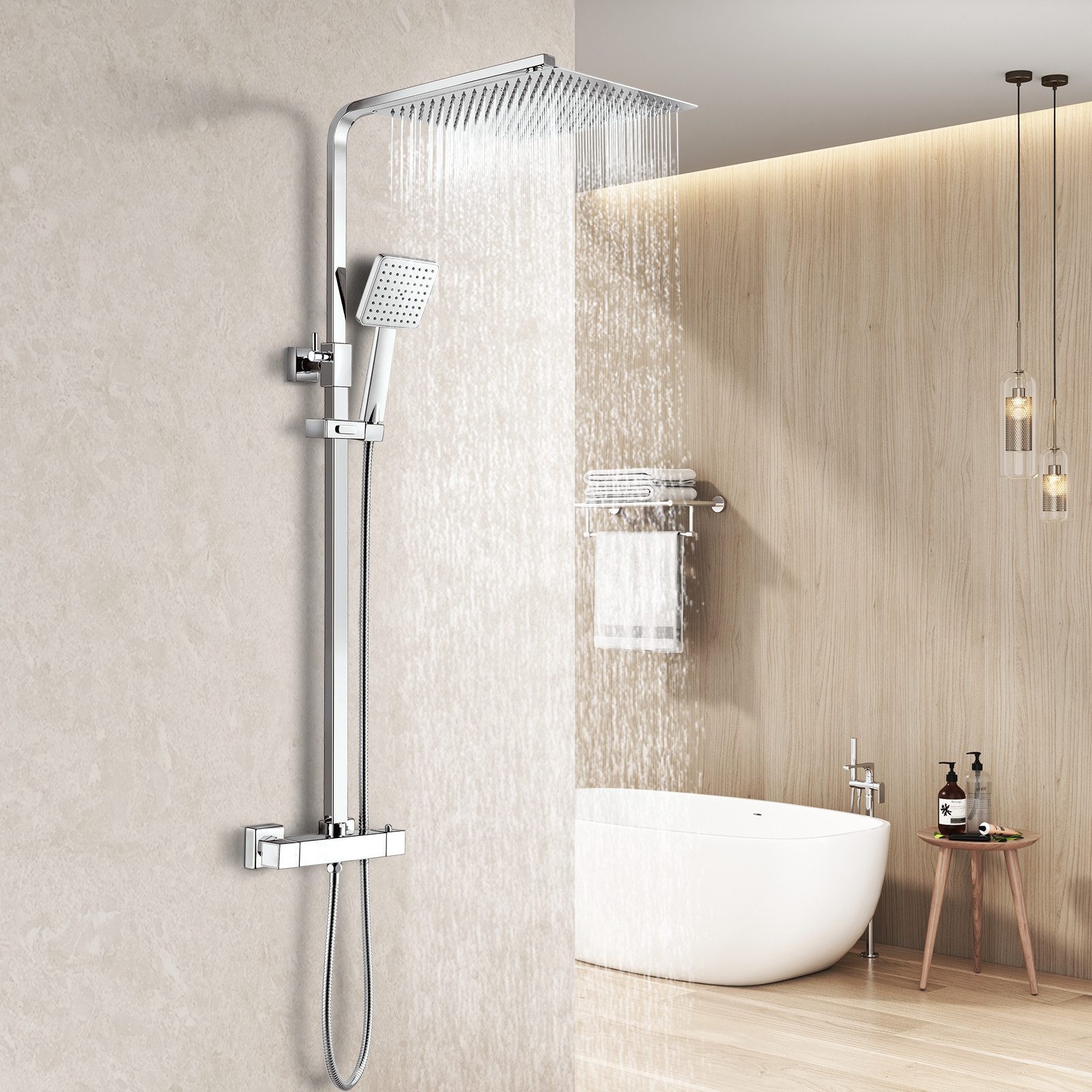 MEYKOERS Duschsystem mit Thermostat, 30 × 30 cm Kopfbrause, Höhenverstellbar, Regendusche mit Handbrause, 38 °C Sicherheitssperre, Chrom